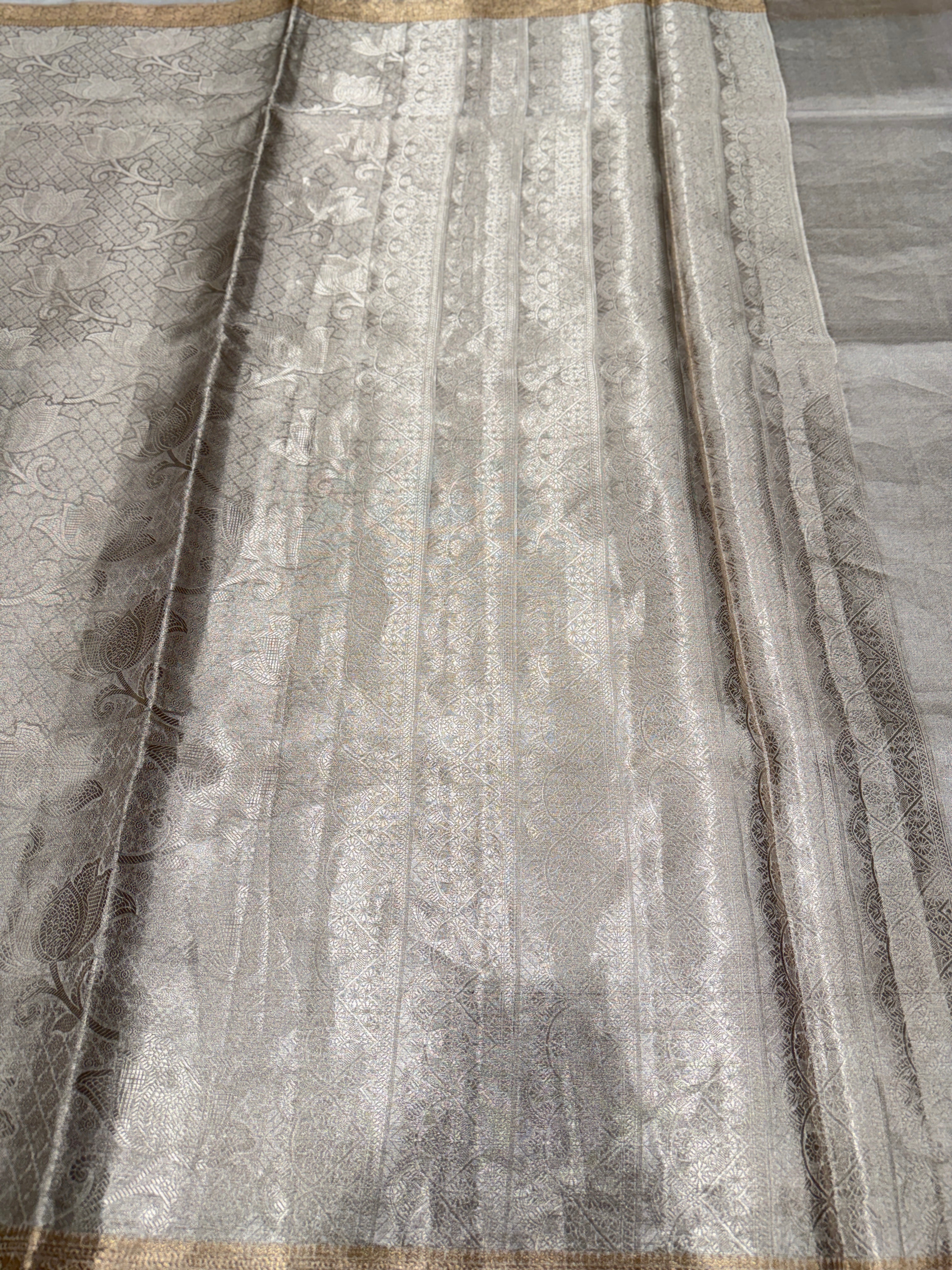 Silver Pure Woven Double Tissue Brocade Silk Saree
