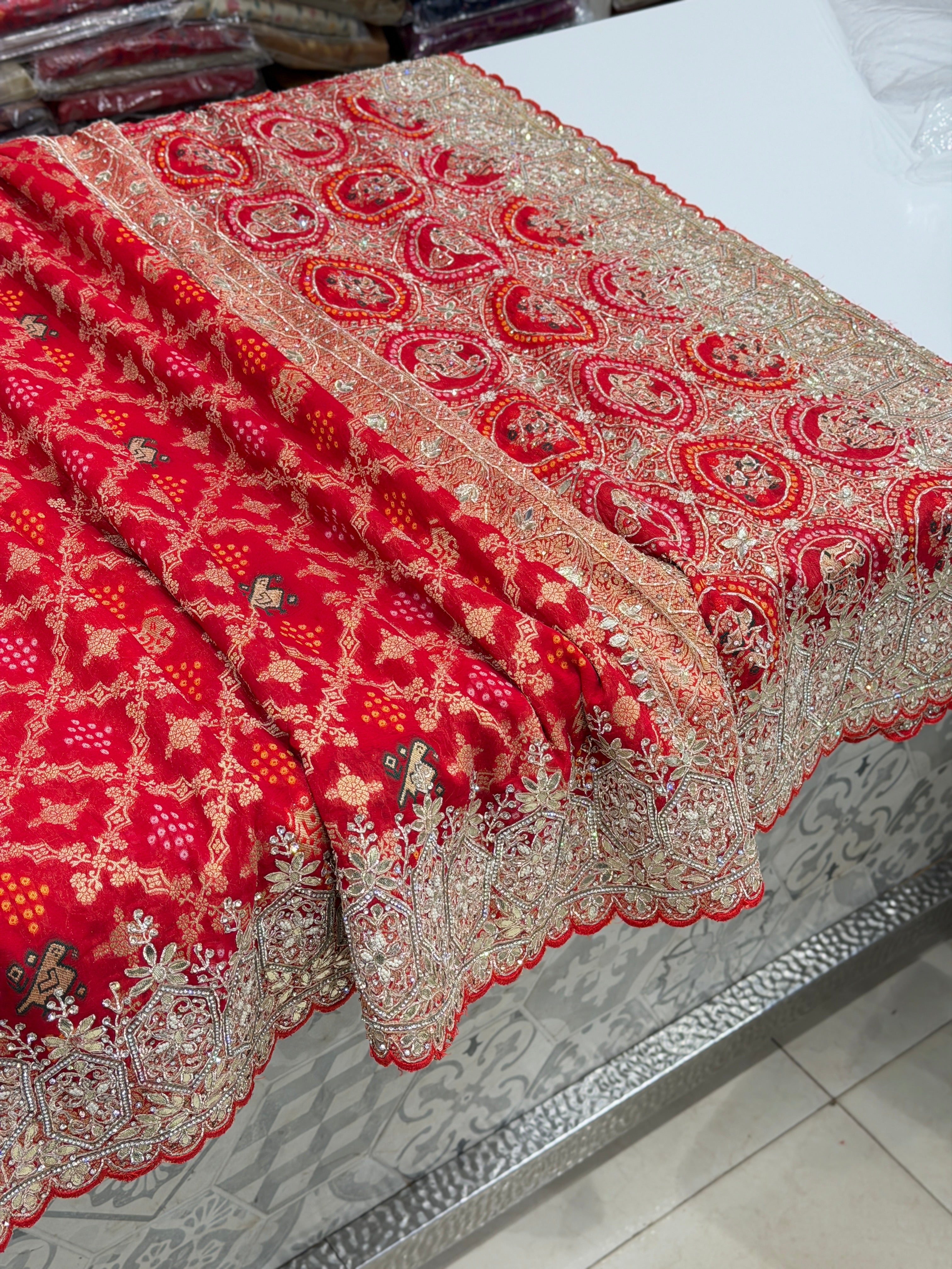 Red Woven Bandhej Patola Zardodi Pita Hand Embroidery Saree
