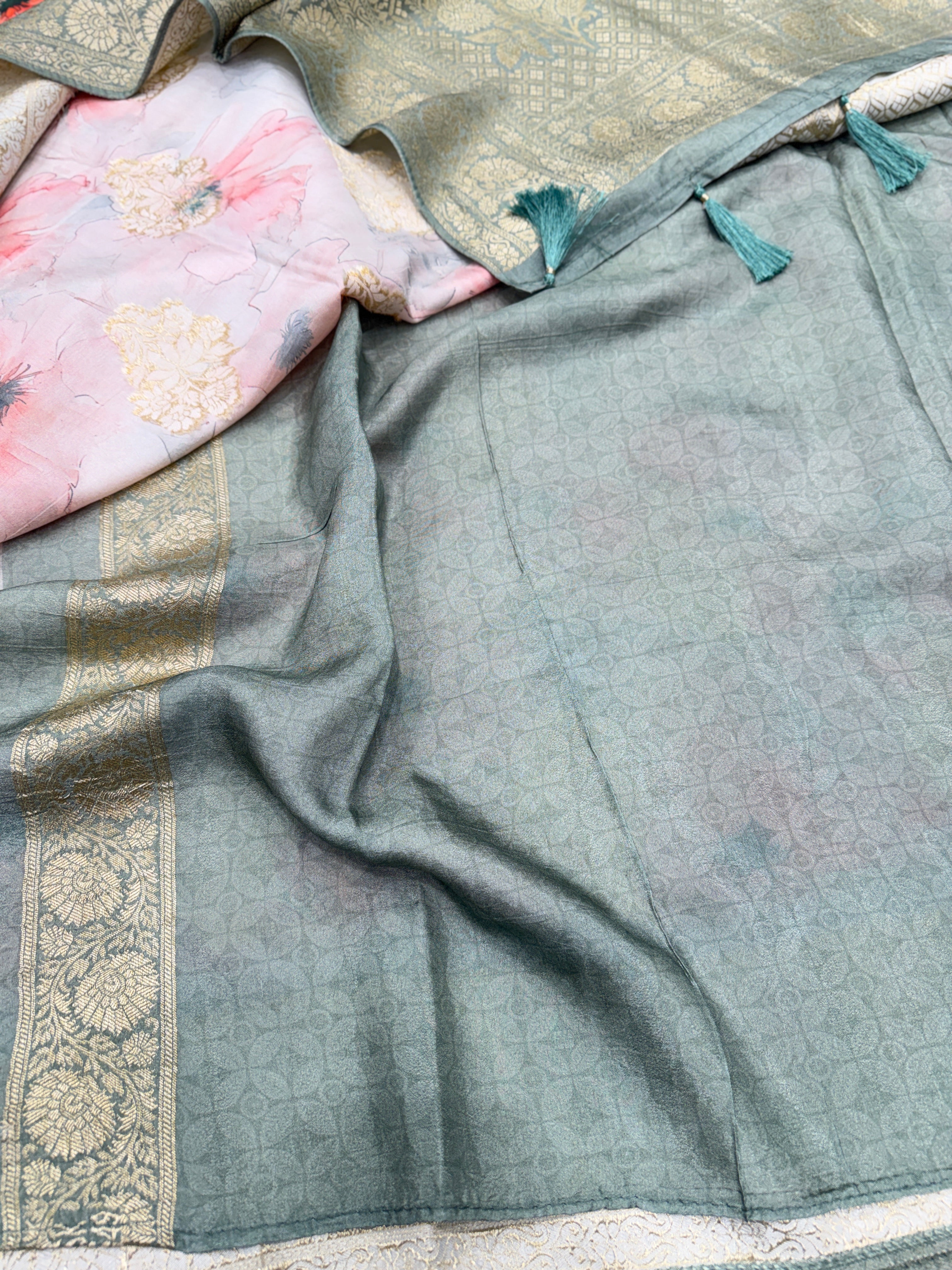 Soft Grey Floral Multi Colour Print Munga Soft Silk Saree