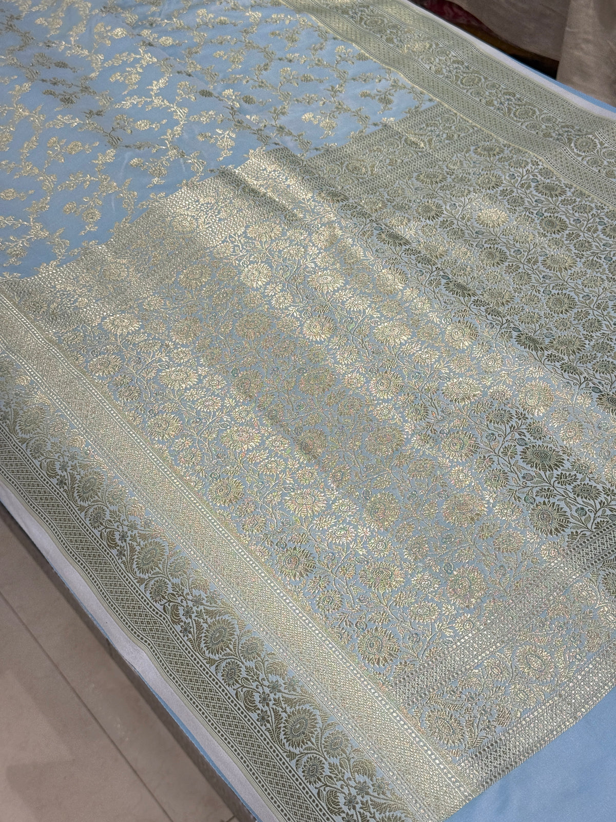 Light Blue Banarasi Silk Flower Border Saree
