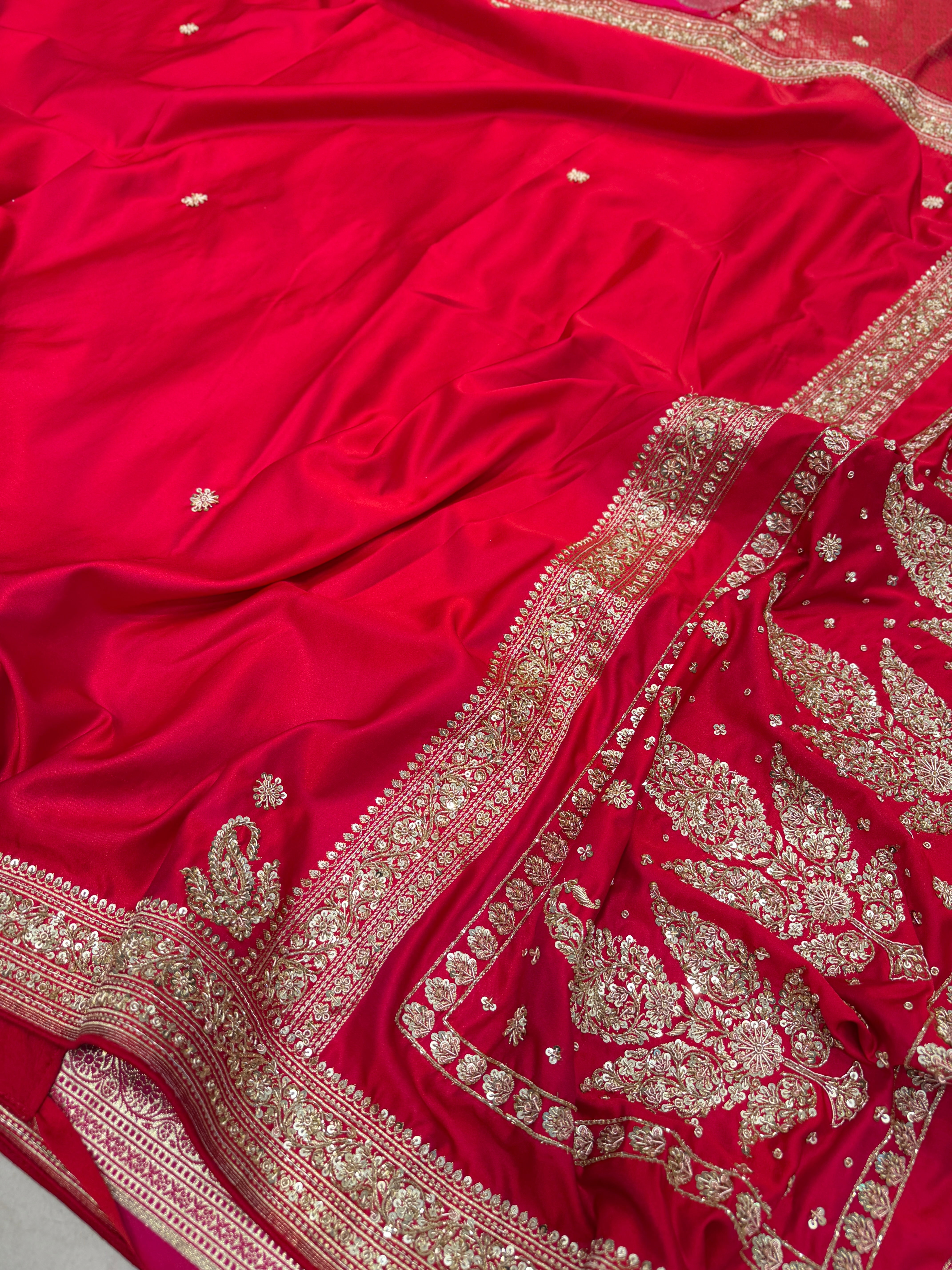Cross Red Banarasi Plain Zardosi Hand Embroidery Saree