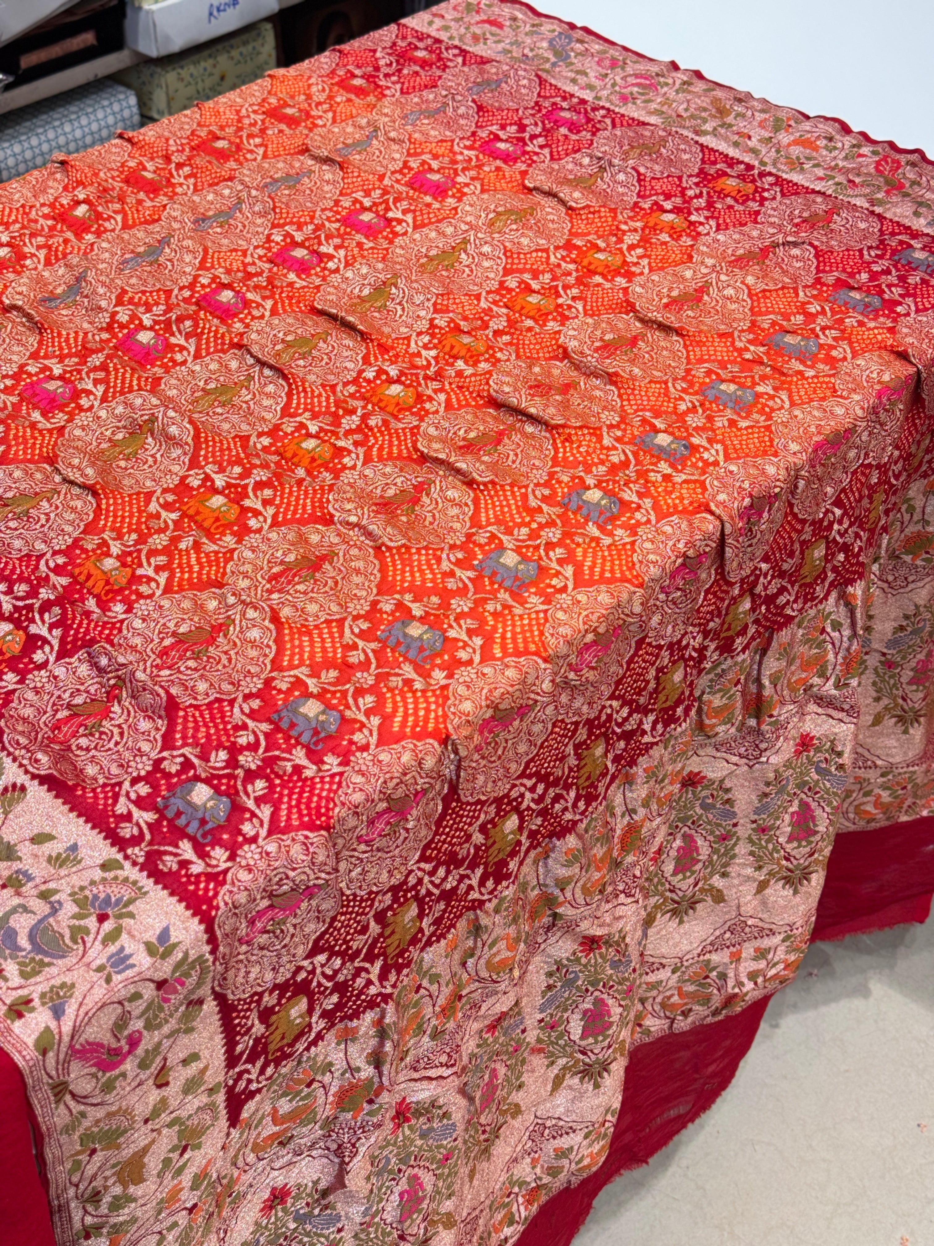 Red Orange Shaded Meenakari Rai Bandhej Shikara Saree