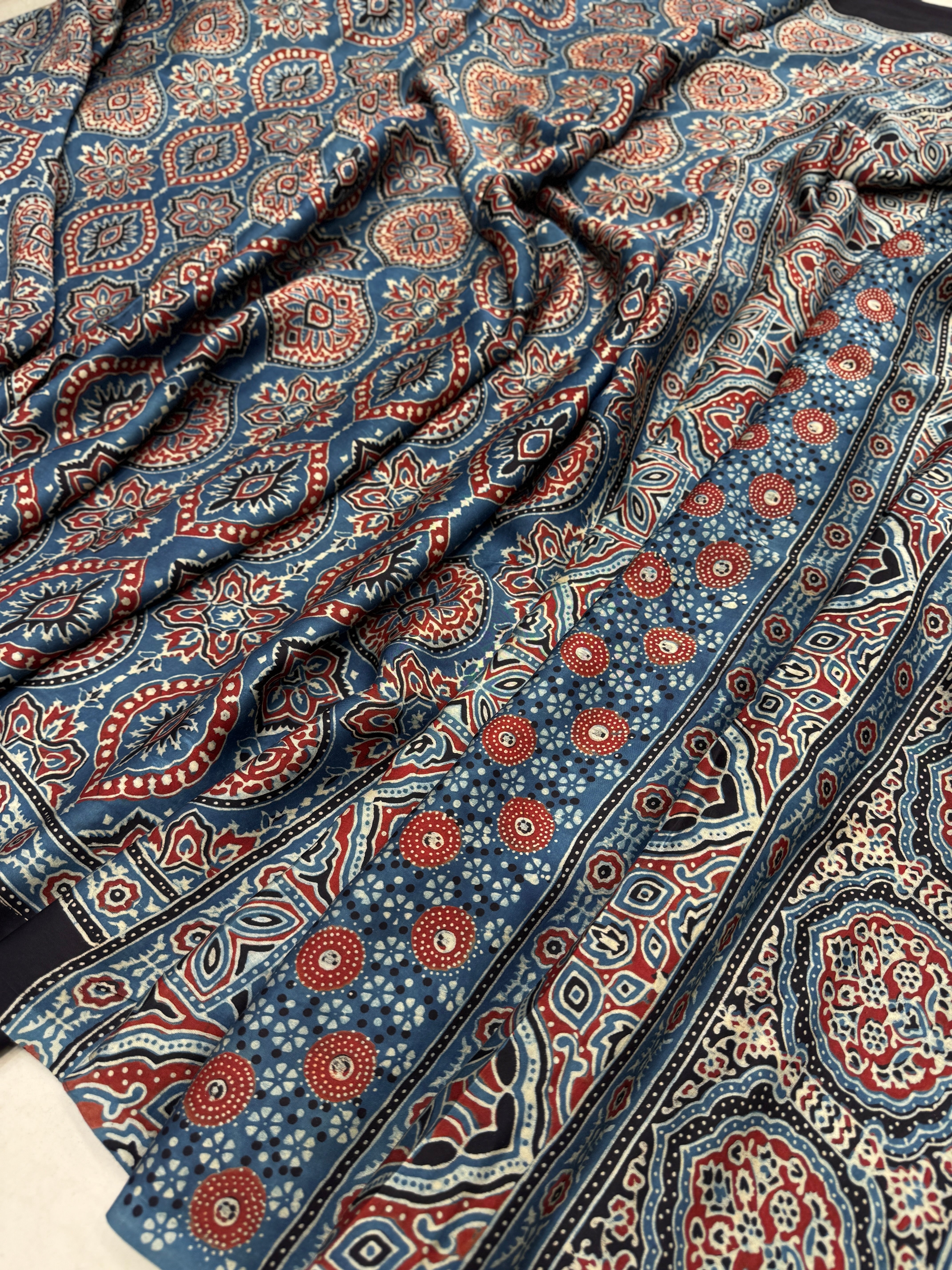 Blue Jewelled Flower Ajrakh Modal Gajji Silk Saree