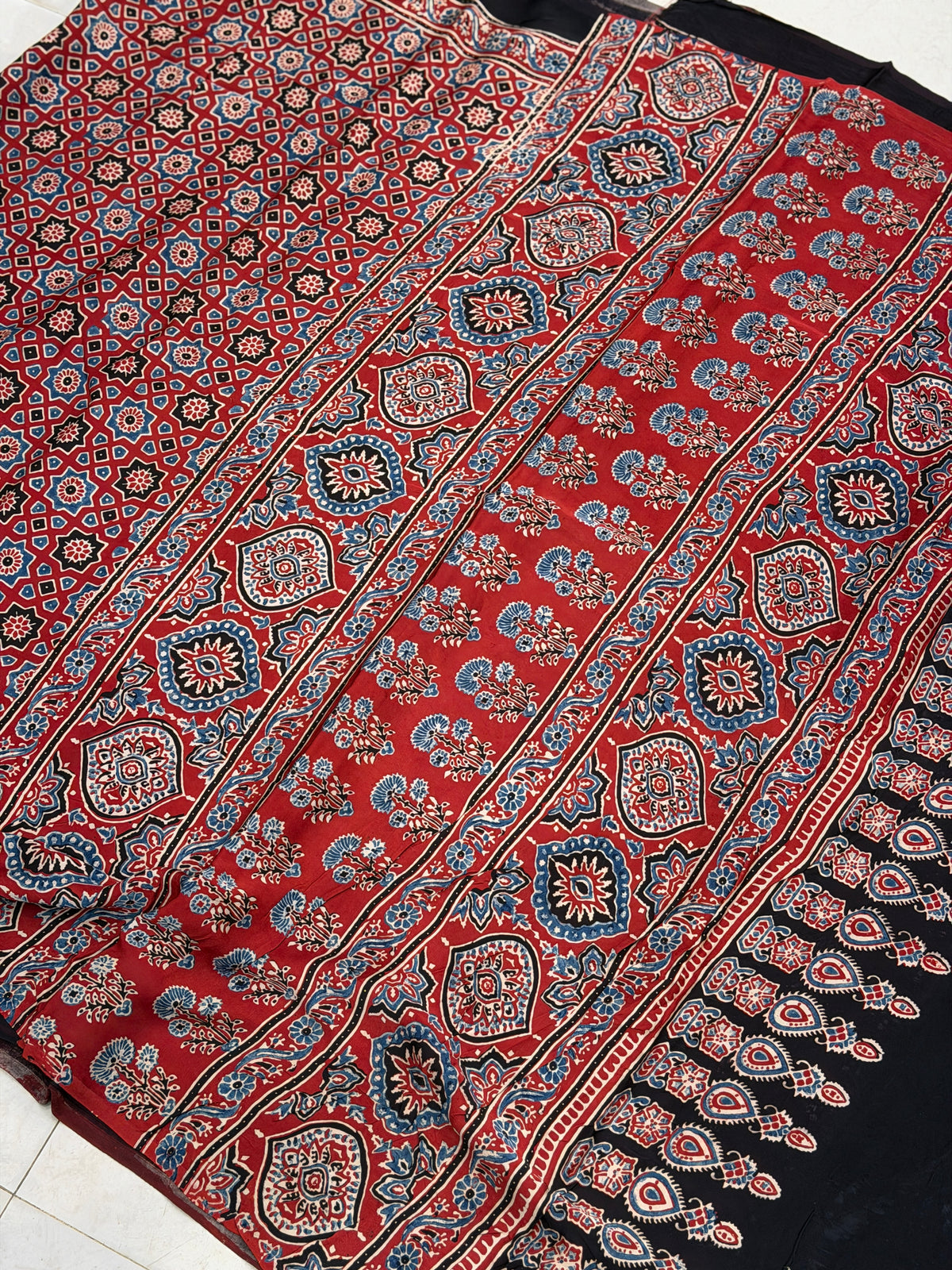 Red Manek Jaal Ajrakh Hand Block Print Pure Gajji Silk Saree