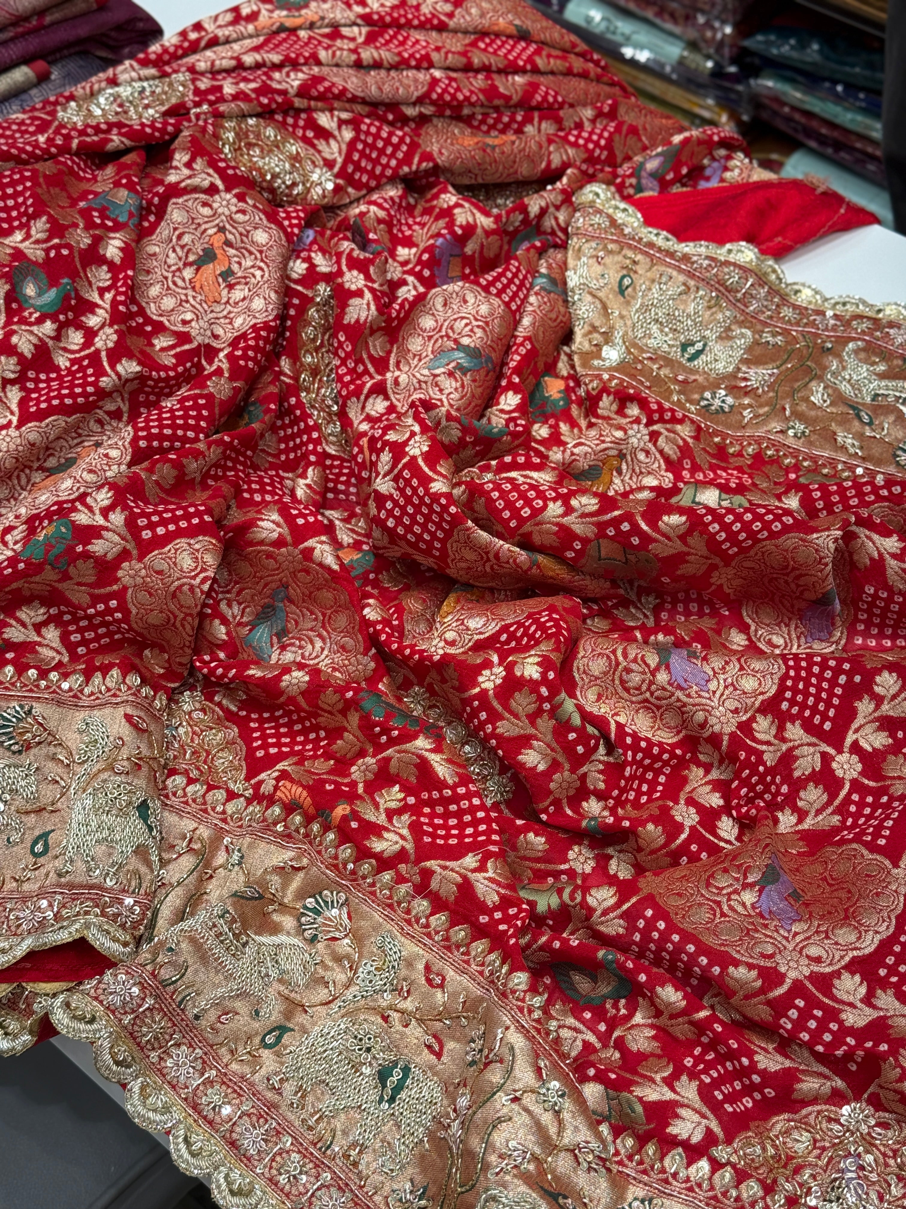 Red Meenakari Bandhej Zardosi Embroidery Saree