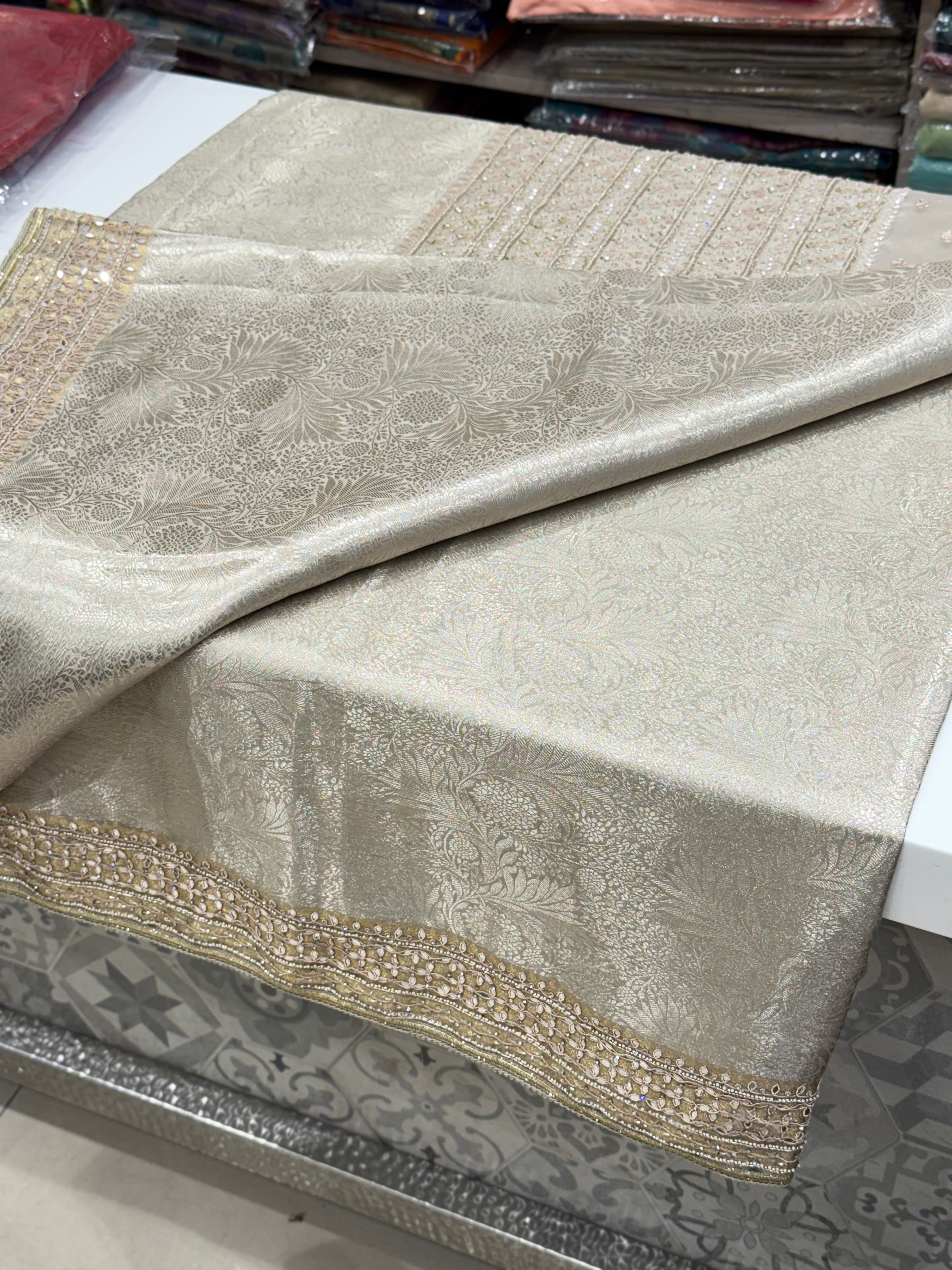 Silver Tissue Kanjivaram Hand Embroidery Saree