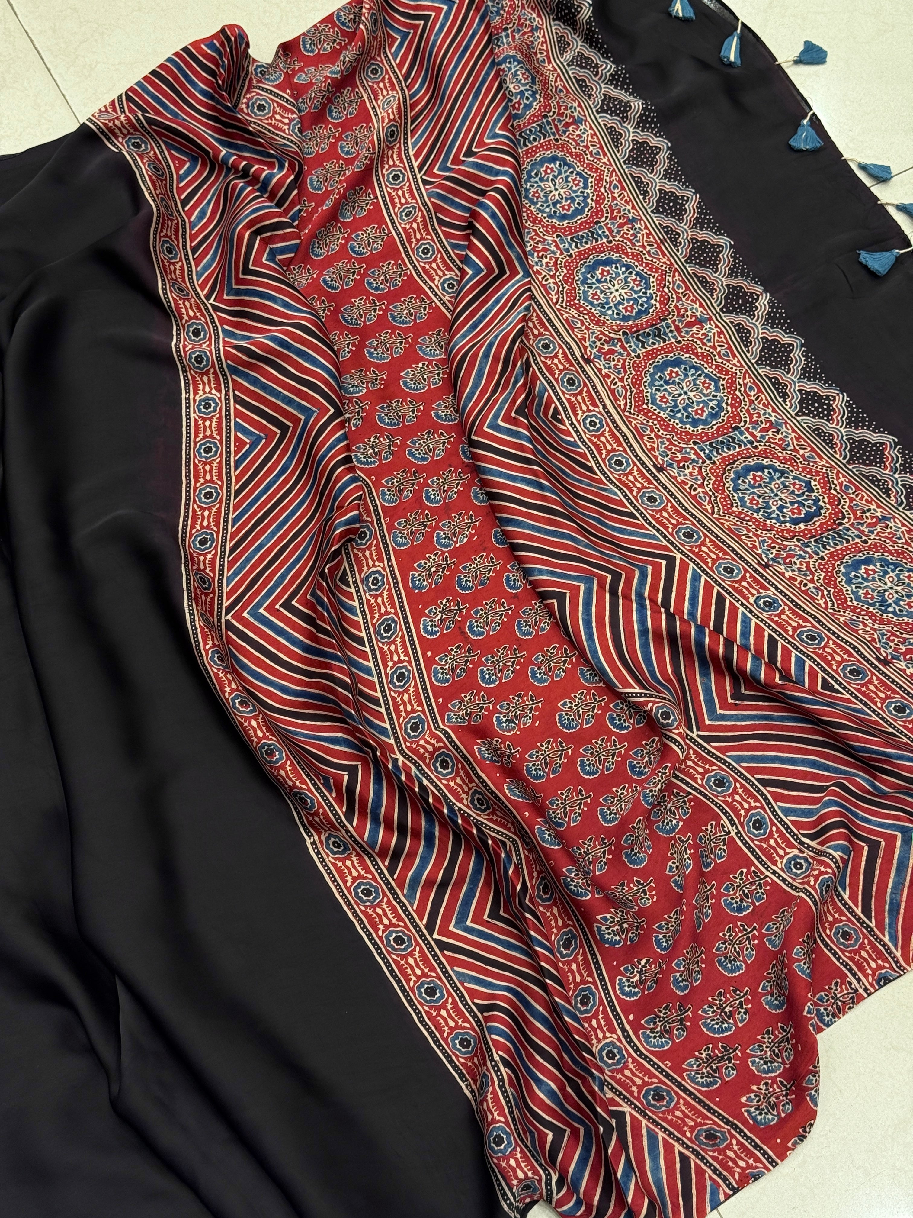 Black Red Pallu Modal Gajji Silk Ajrakh Saree