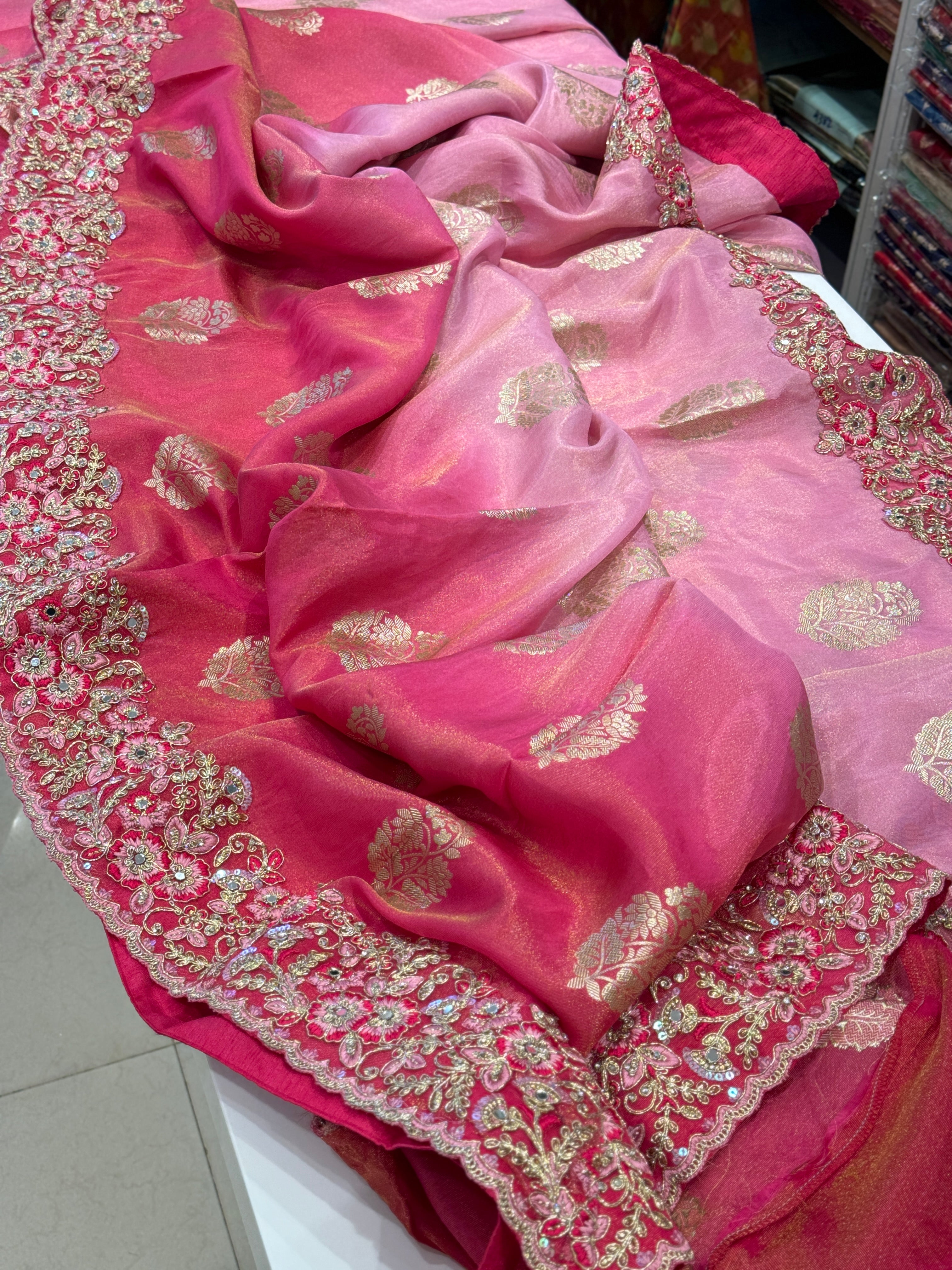 Rani Shaded Crepe Tissue Embroidery Saree