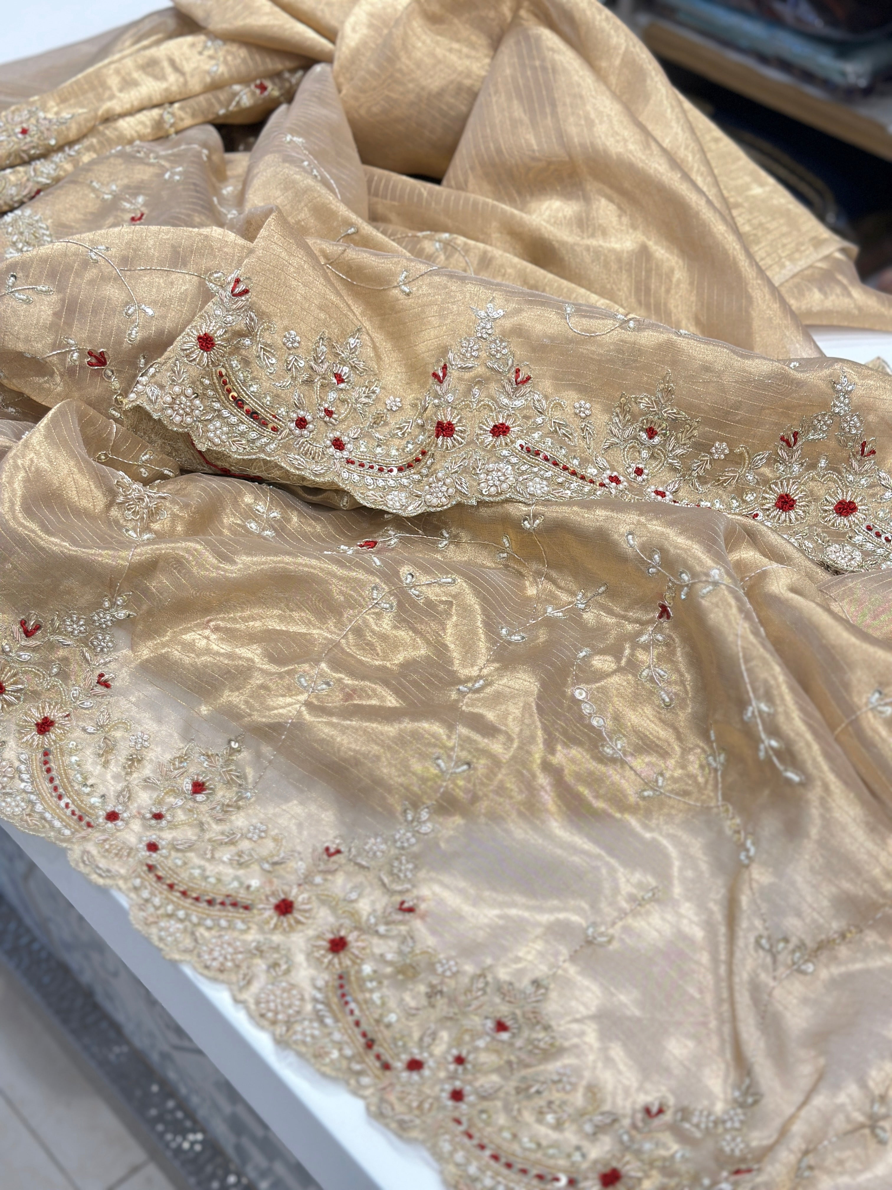 Gold Tissue Zardosi Jaal Hand Embroidery Saree