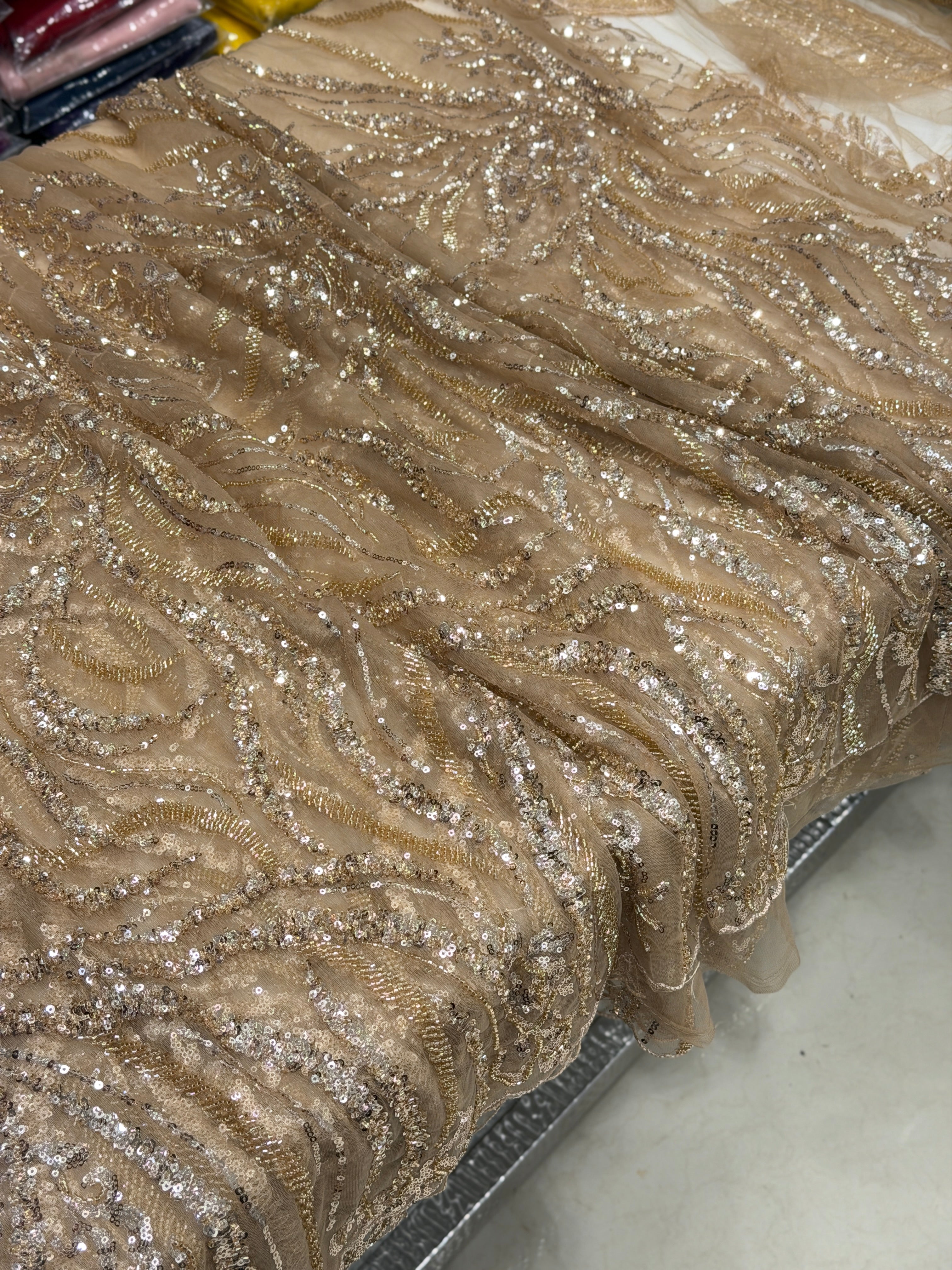 Champagne Gold Net Embroidery Moti Sequin Jaal Saree