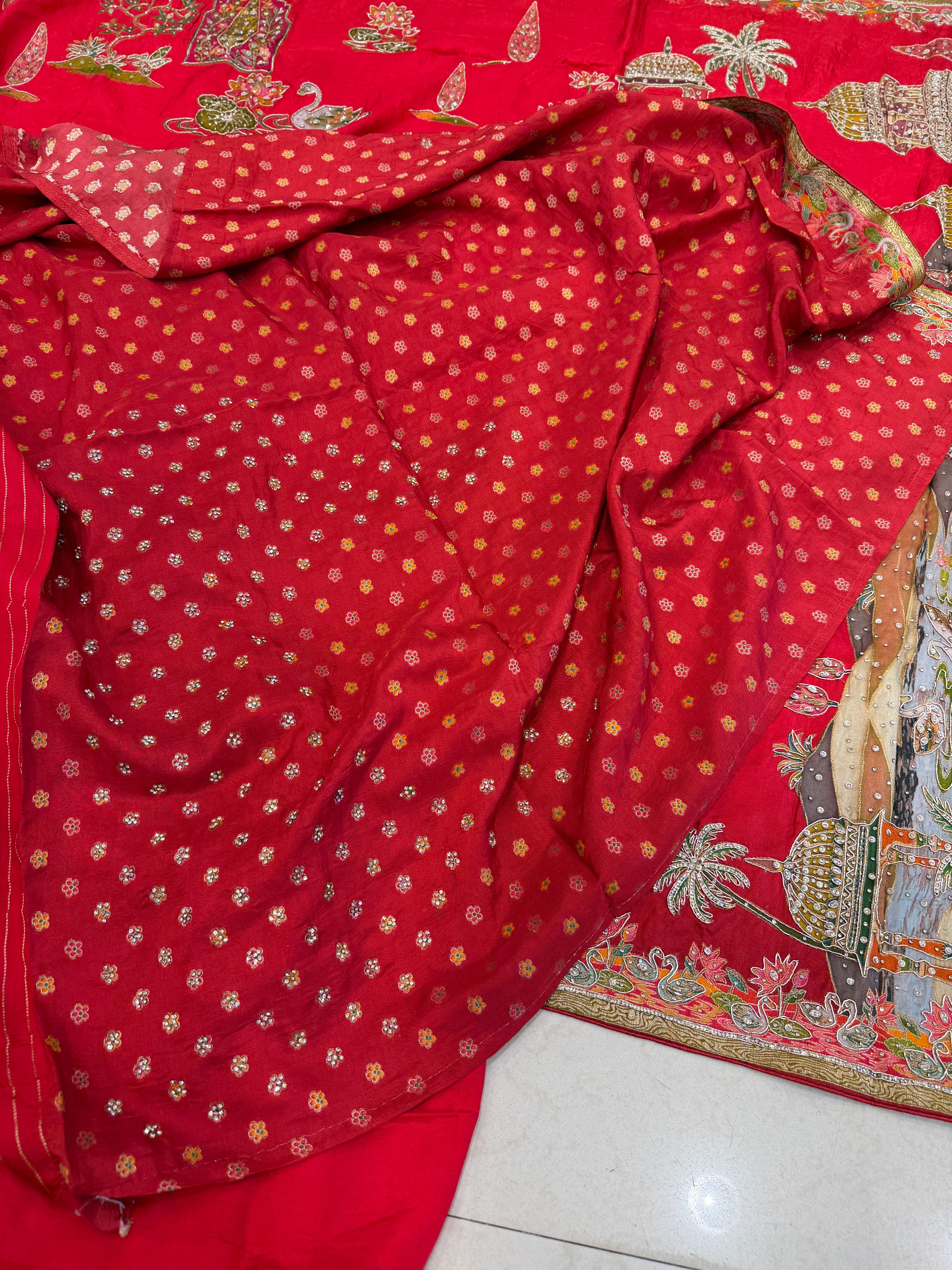 Red Pashmina Inspired Fauna Theme Hand Embroidery Banarasi Munga Saree