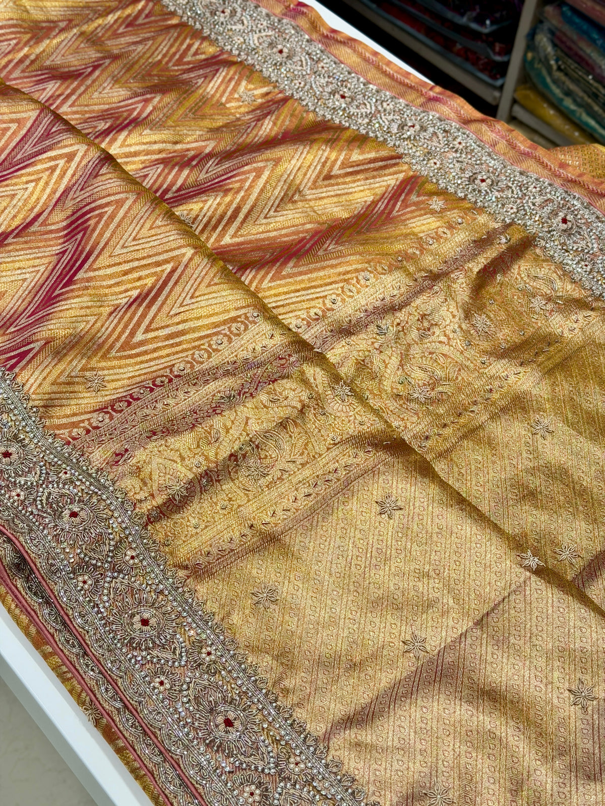 Contemporary Tissue Kanjivaram Zardosi Moti Hand Embroidery Saree