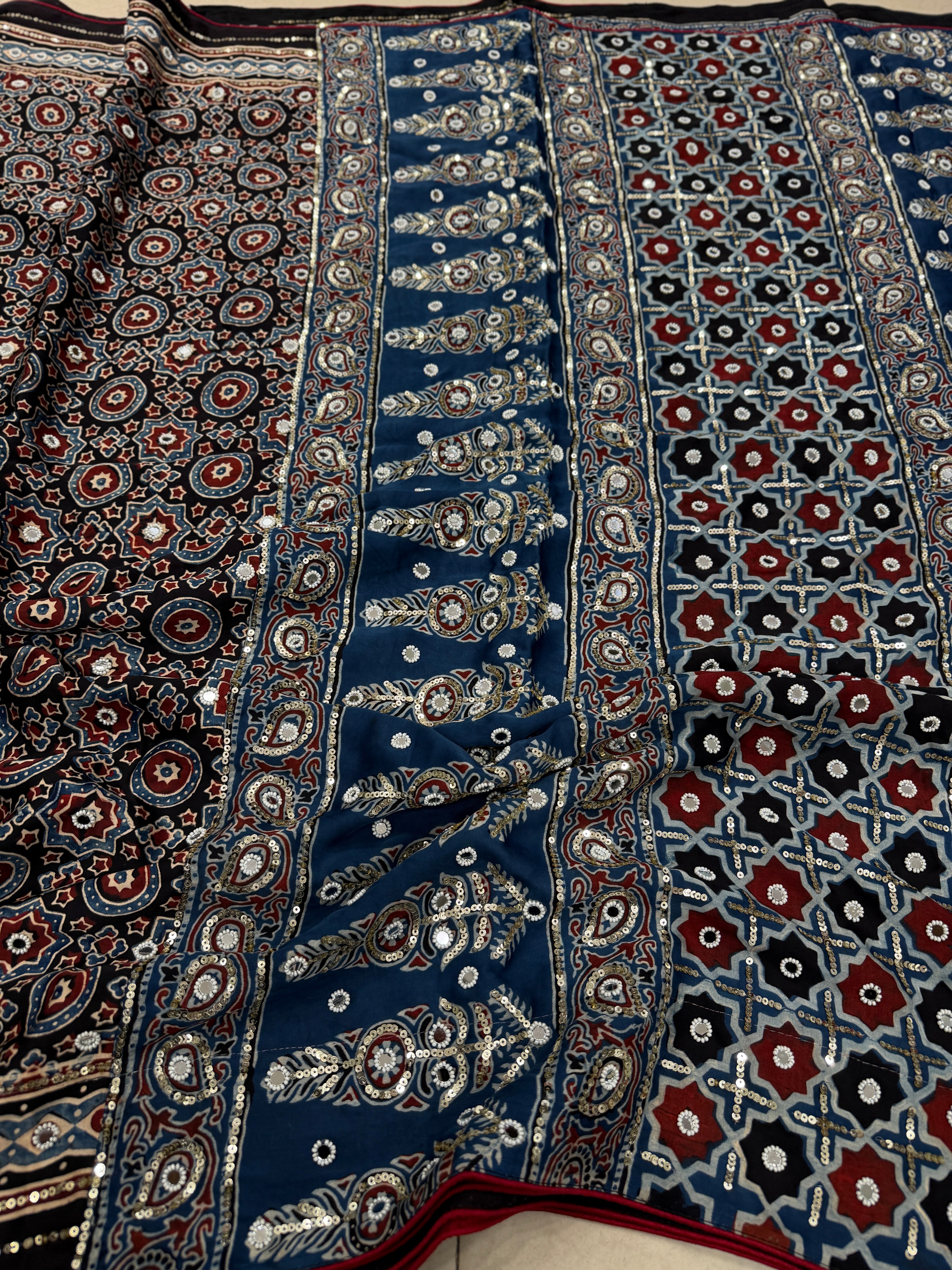 Black Ajrakh Jaal Moti Sequin Ajrakh Hand Embroidery Saree