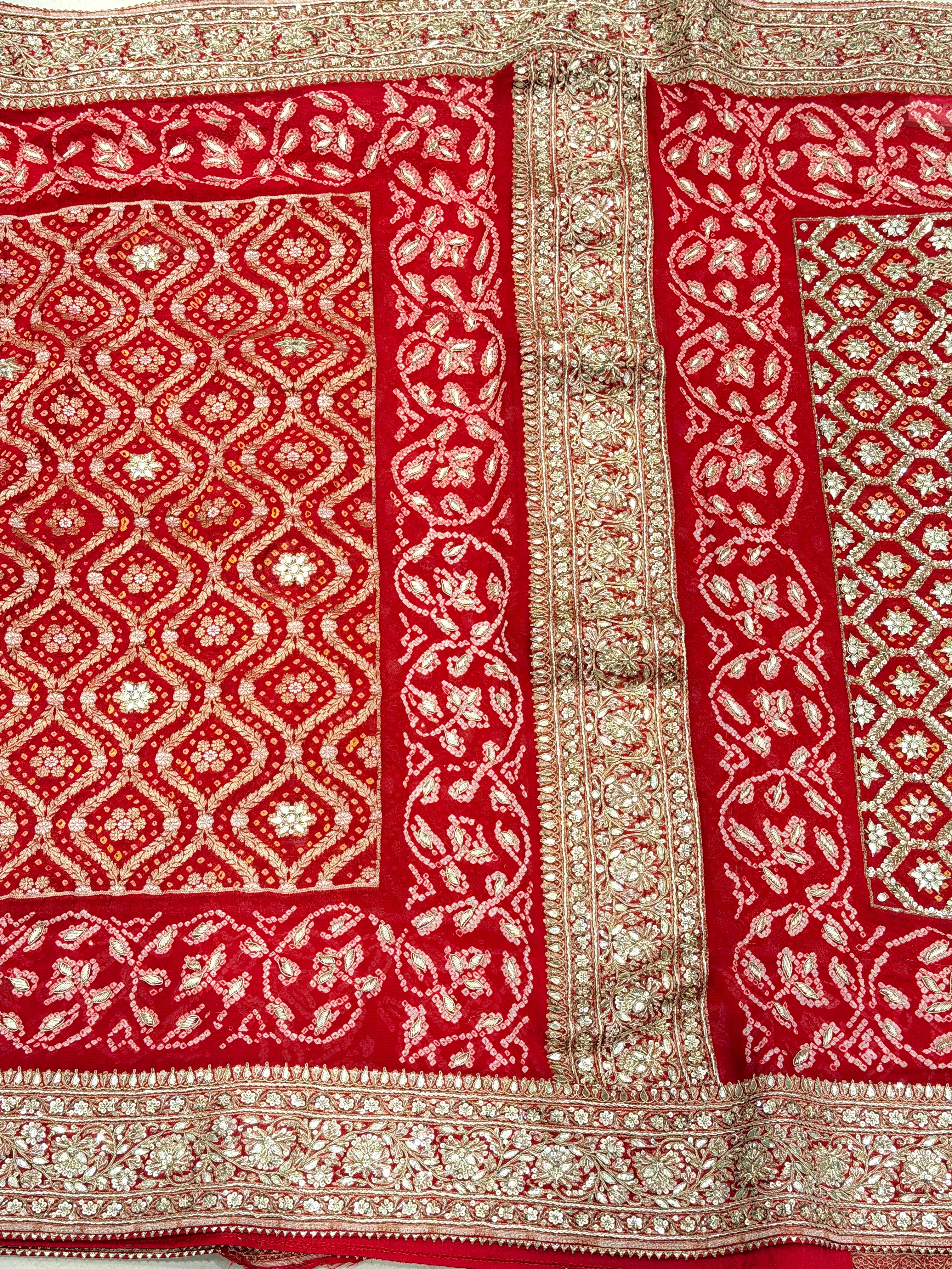 Red Bandhej Georgette Marodi Zardosi Gota Hand Embroidery Saree