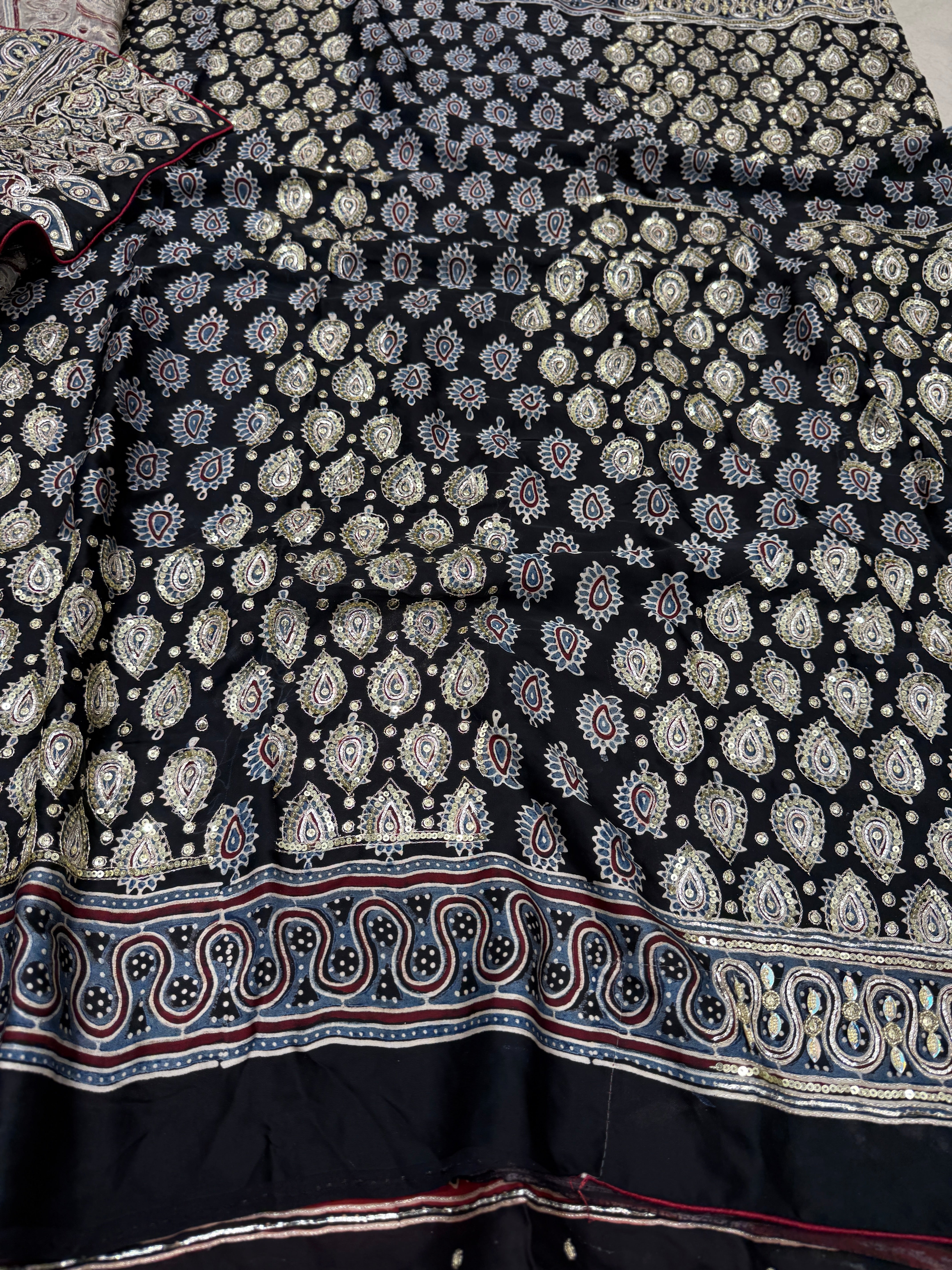 Red Contemporary Pita Zardosi Sequin Ajrakh Hand Embroidery Saree