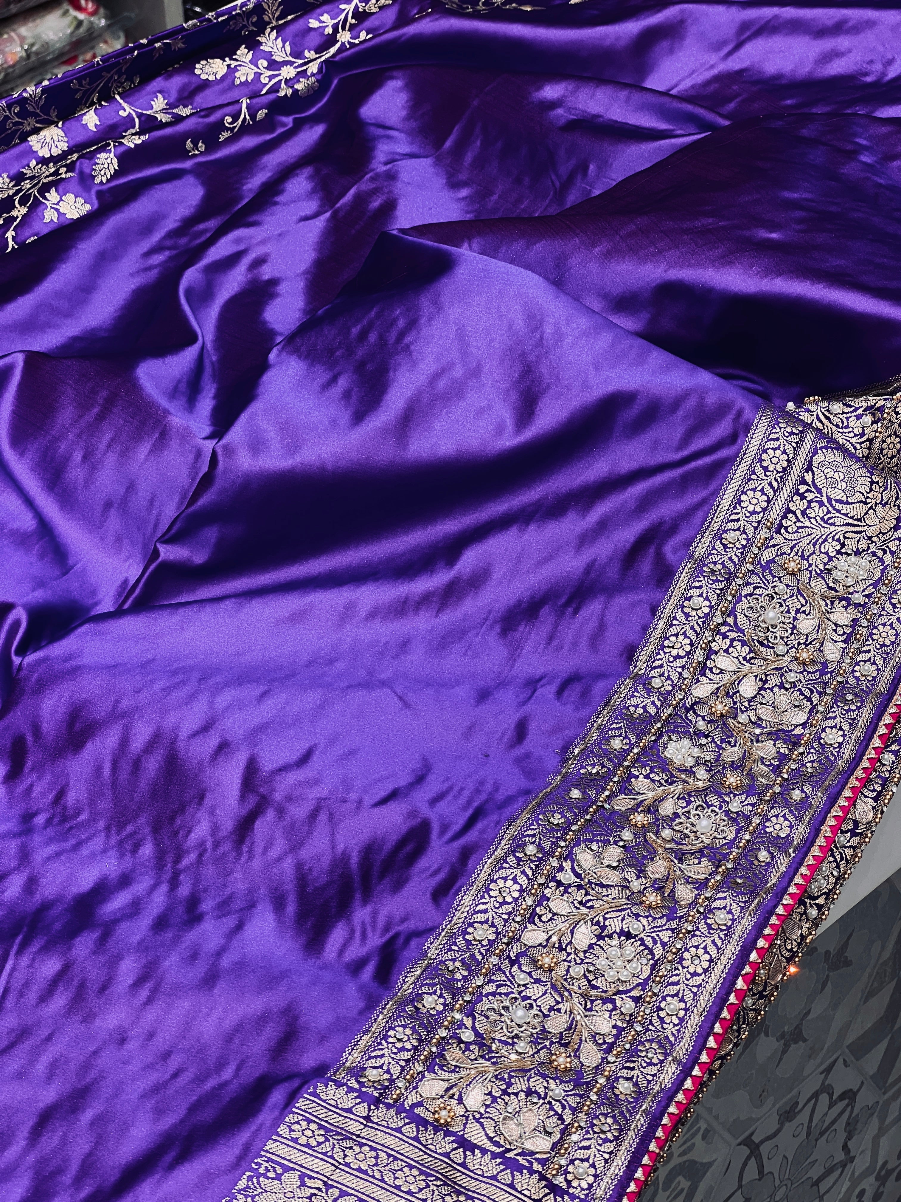 Violet Banarasi Silk Hand Embroidery Saree