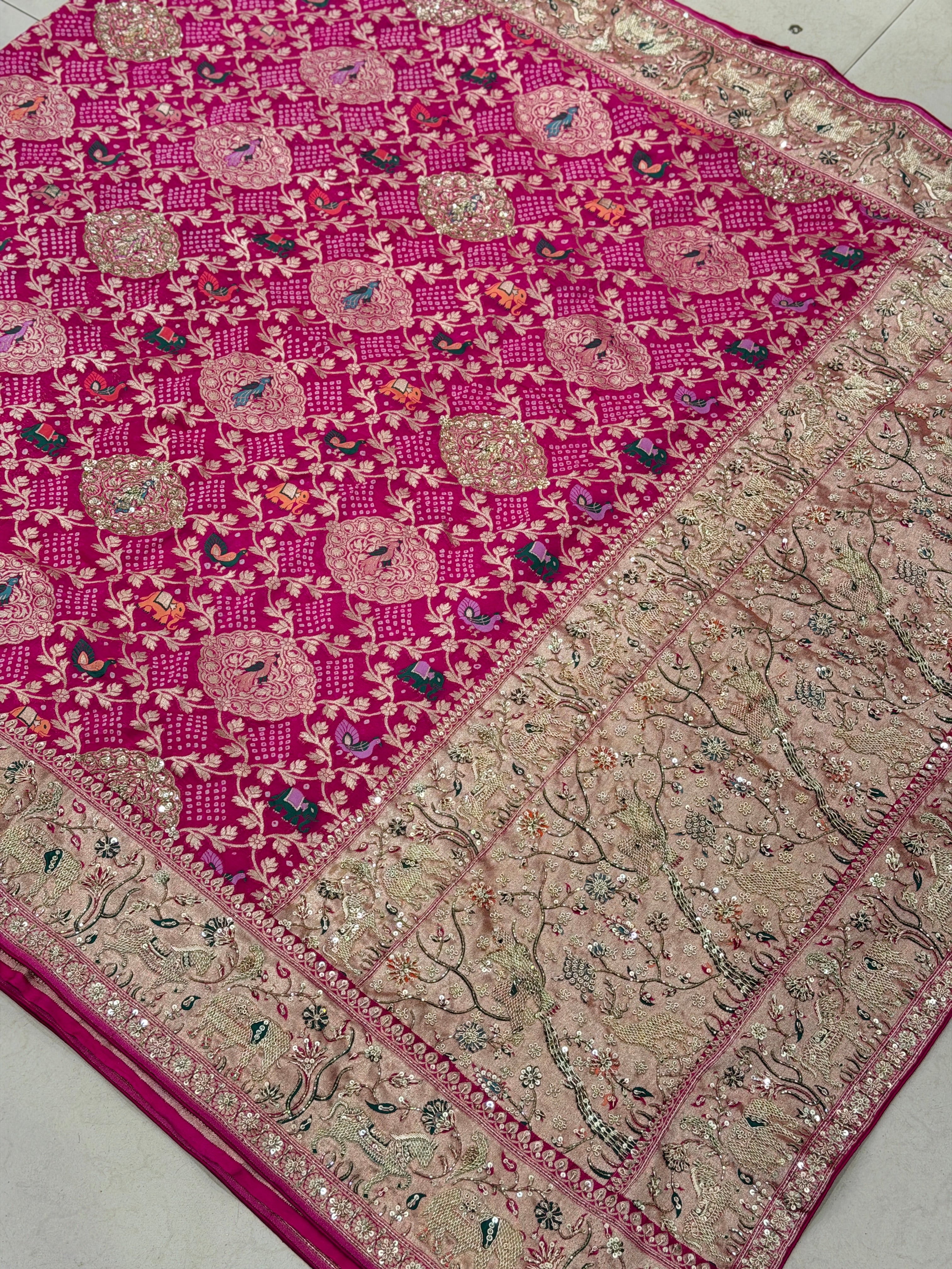 Rani Meenakari Rai Bandhej Saree Elephant Motif Zardosi Hand Embroidery