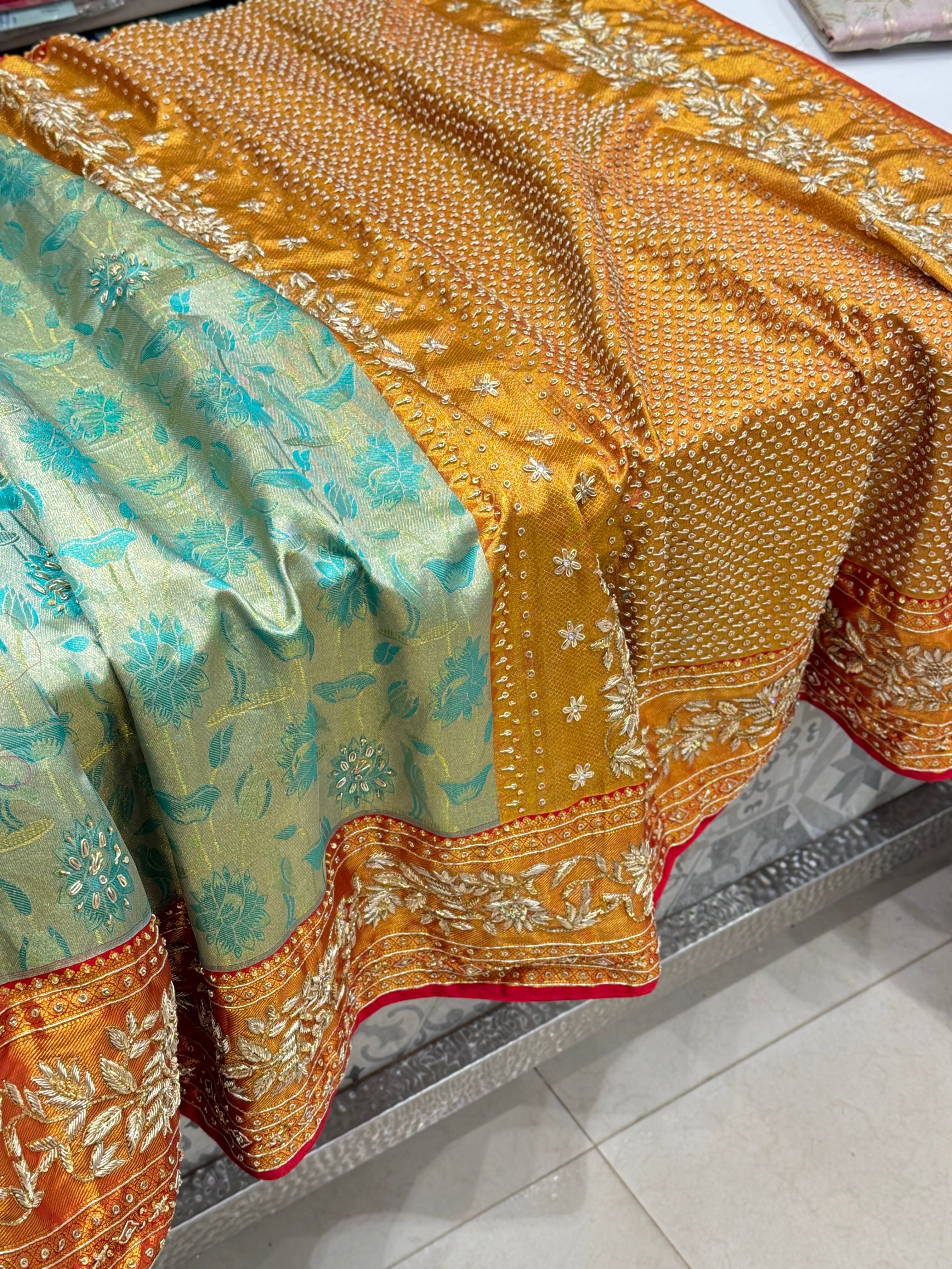 Sea Green Kanjivaram Hand Embroidery Zardosi Saree