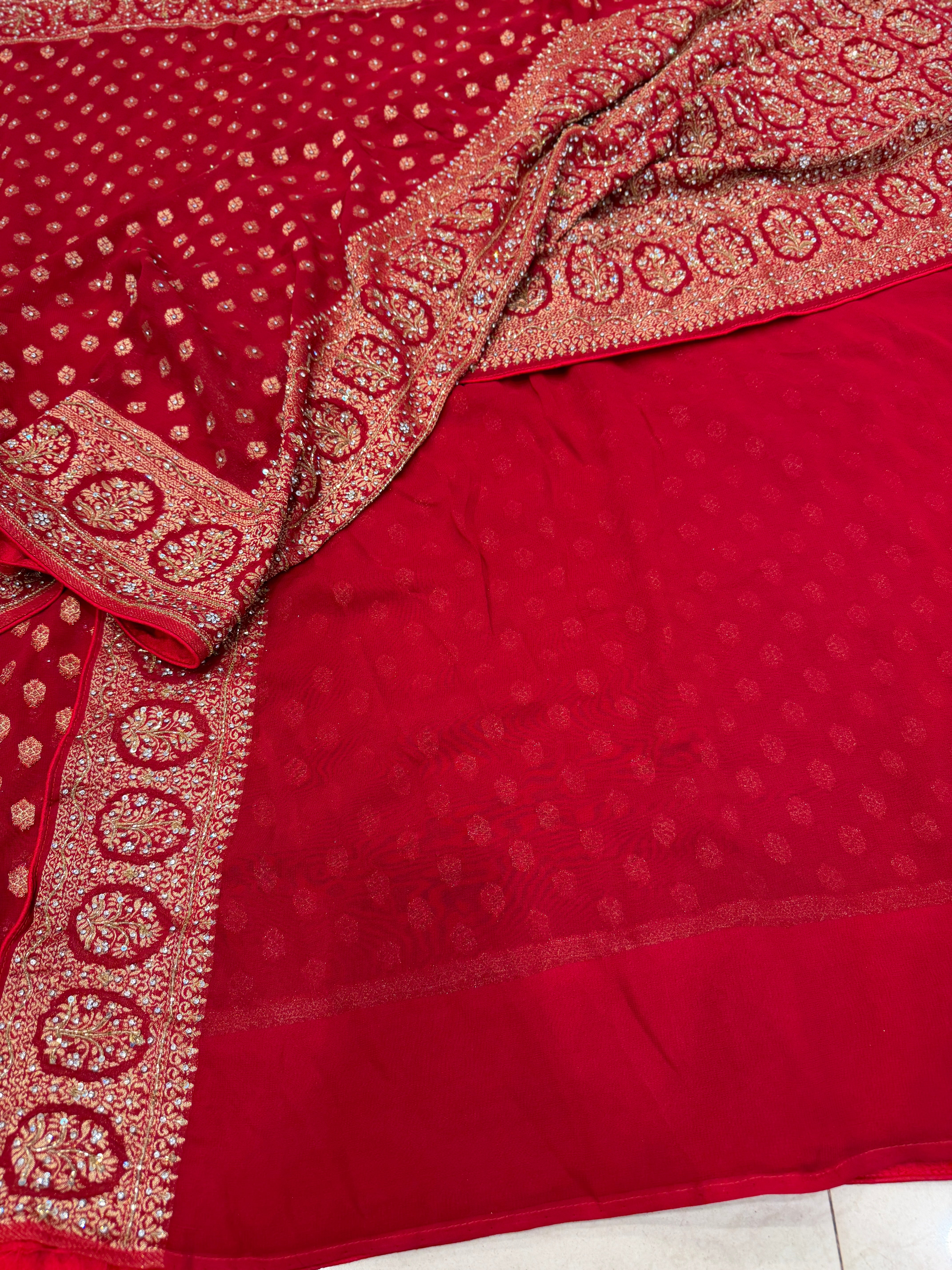Red Banarasi Khaddi Georgette Butti Hand Embroidery Sequin Stone Saree