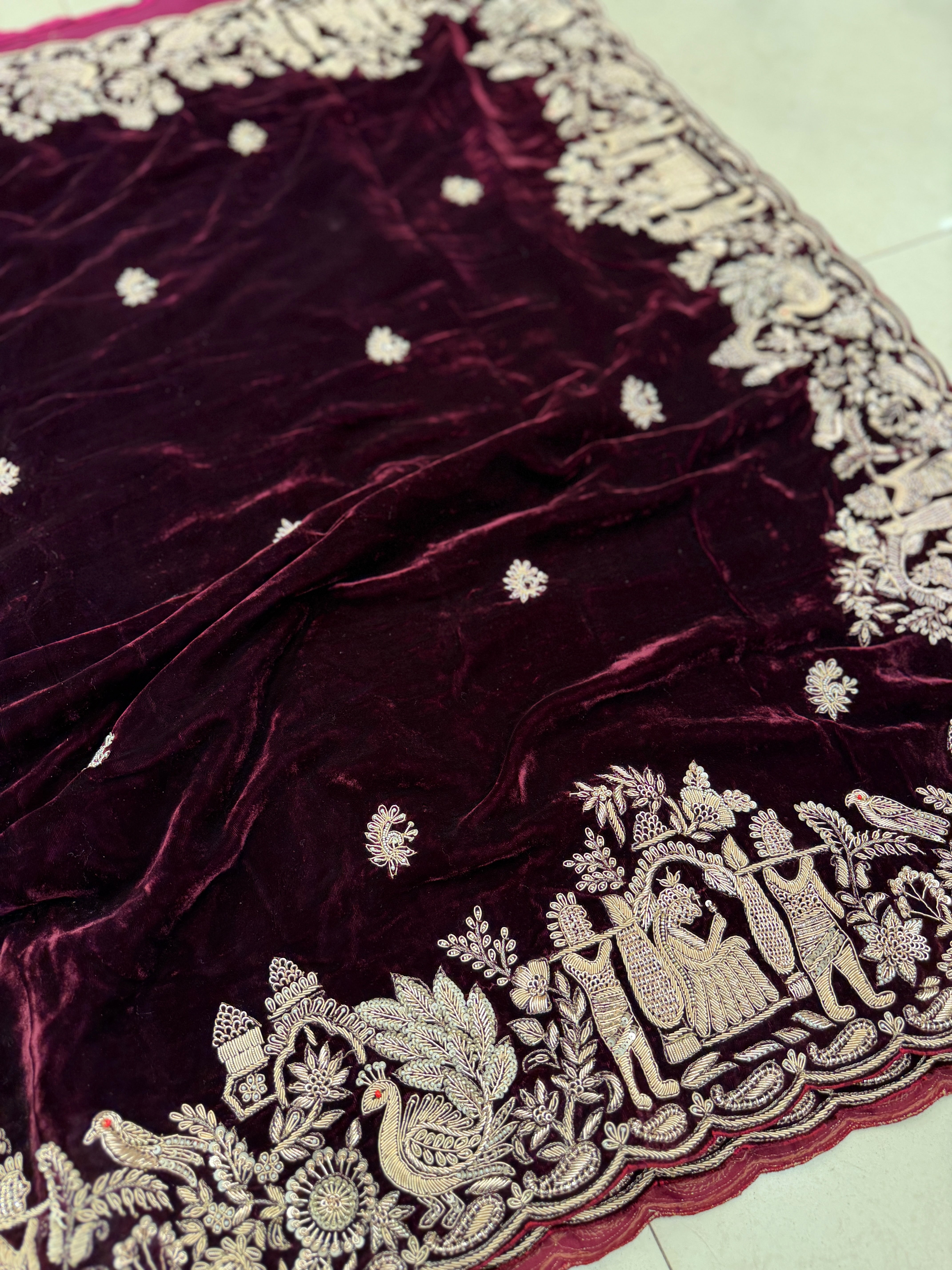 Pure Velvet Zardosi Doli Edit Hand Embroidery Saree