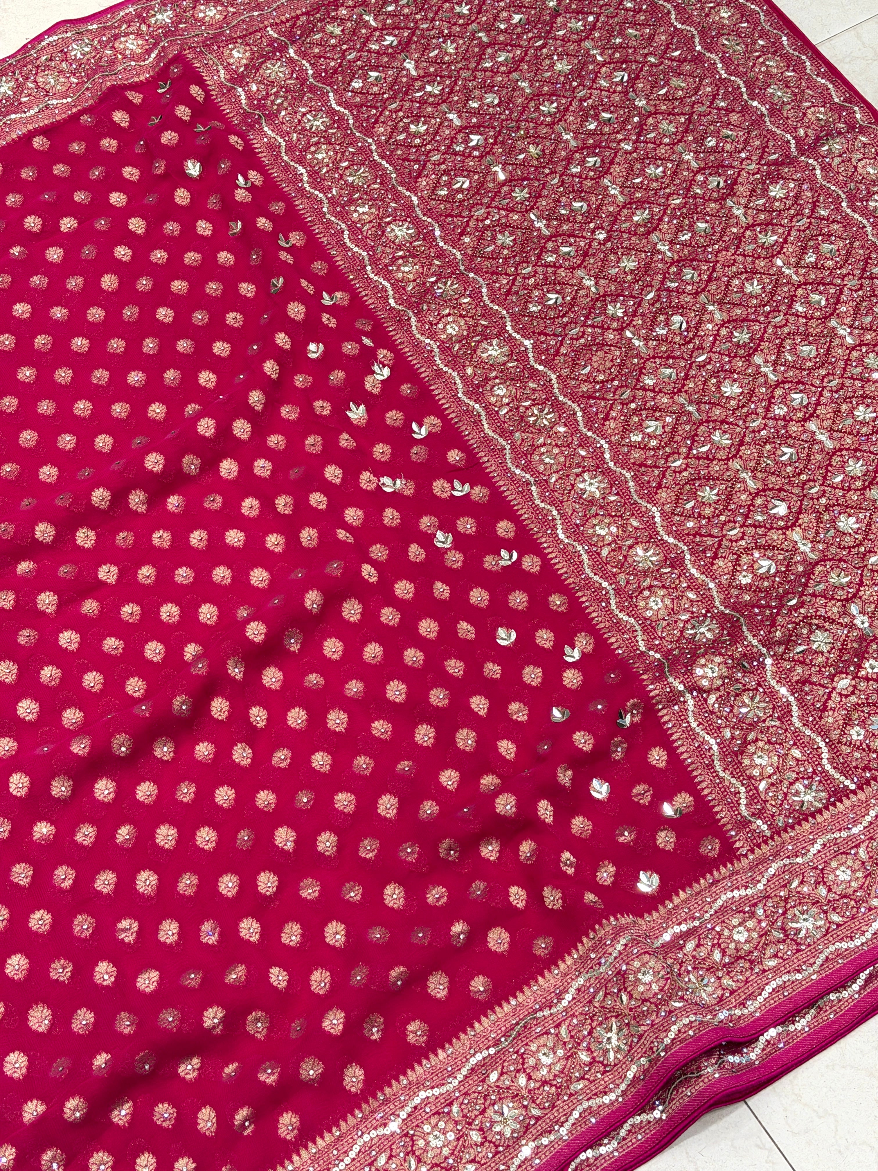 Rani Banarasi Khaddi Georgette Butti Hand Embroidery Sequin Stone Saree