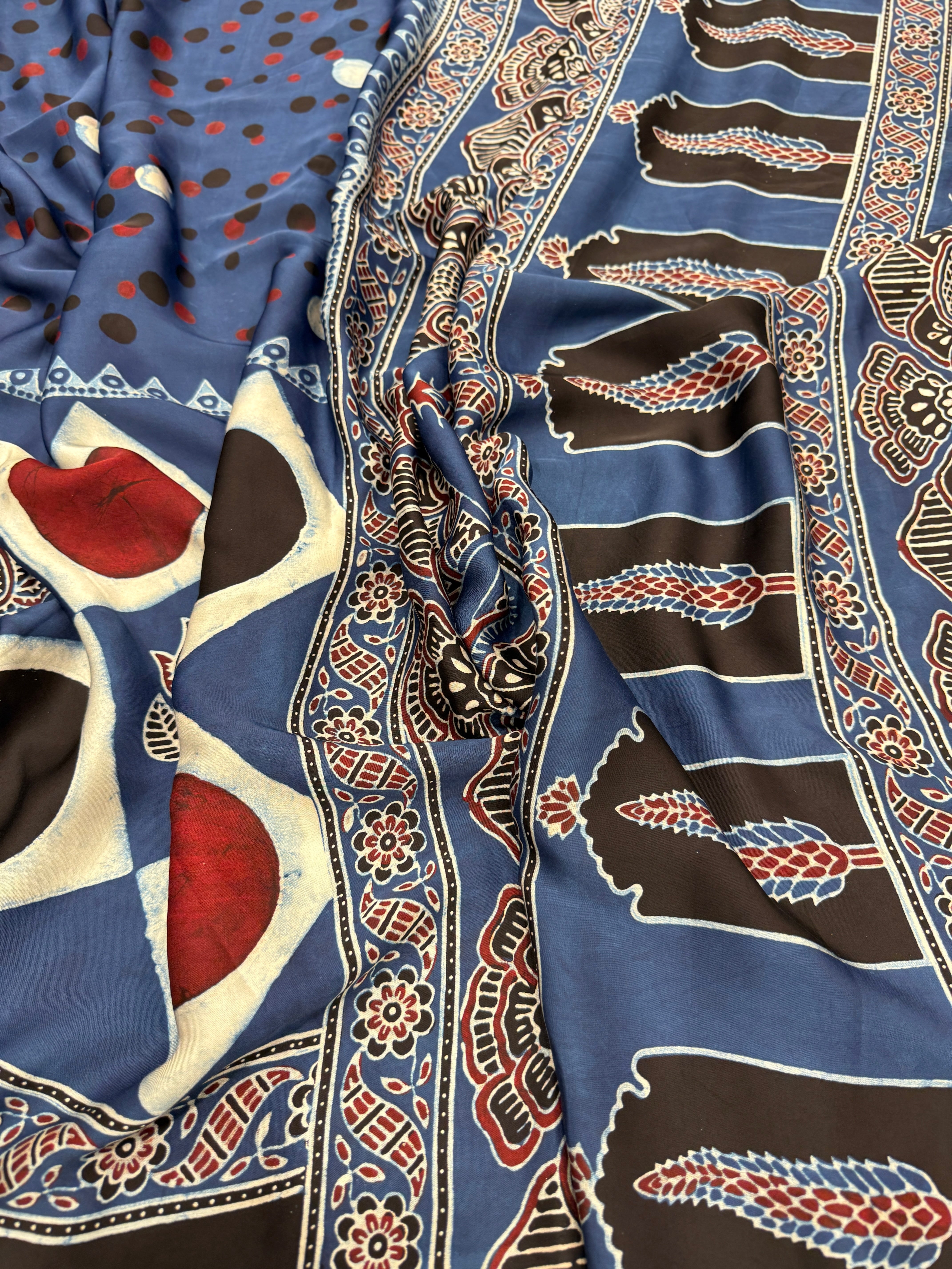 Blue Polka Dots Ajrakh Block Print Hand Pure Gajji Silk Saree