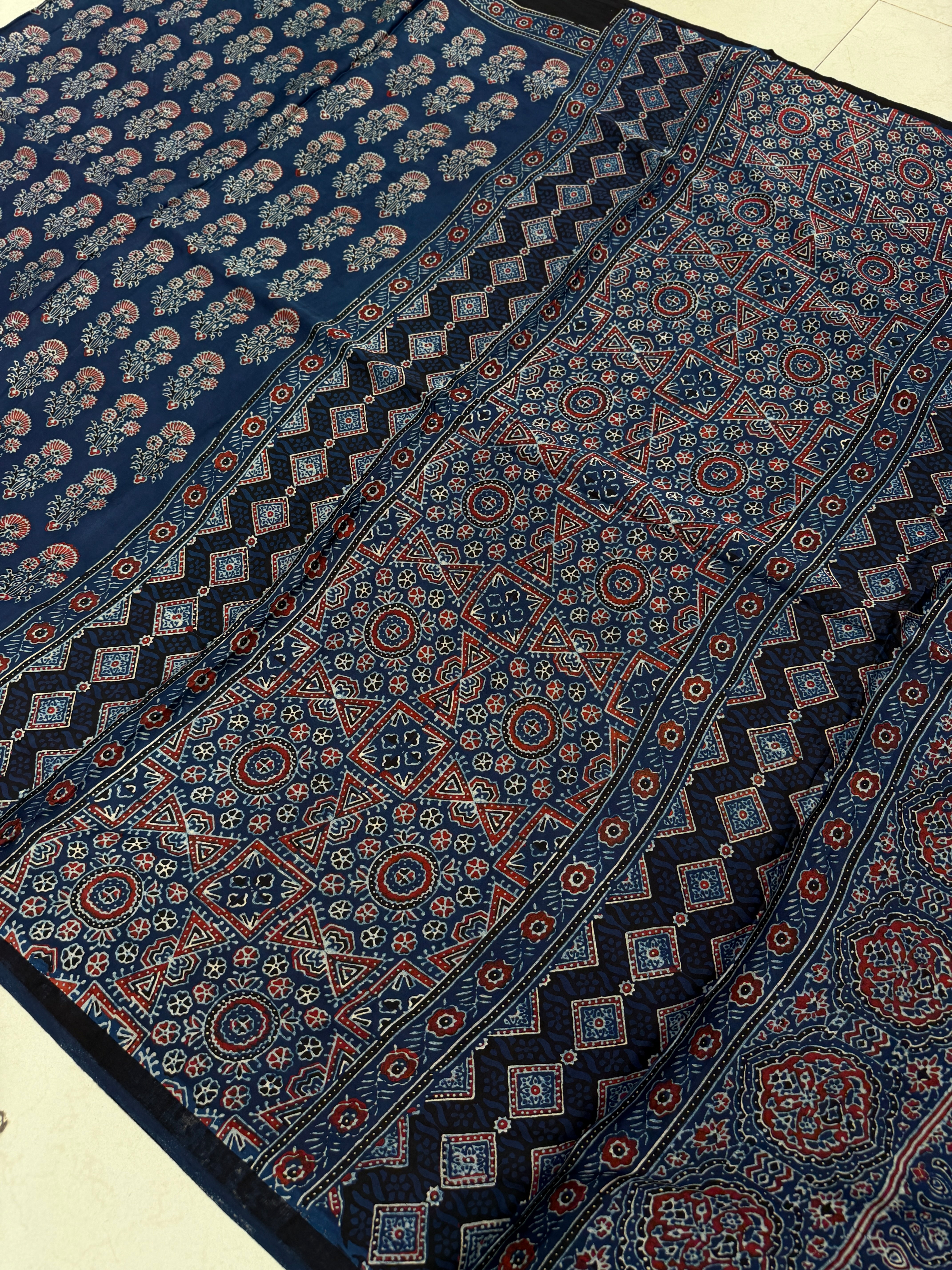 Blue Buttas Ajrakh Block Print Hand Pure Gajji Silk Saree