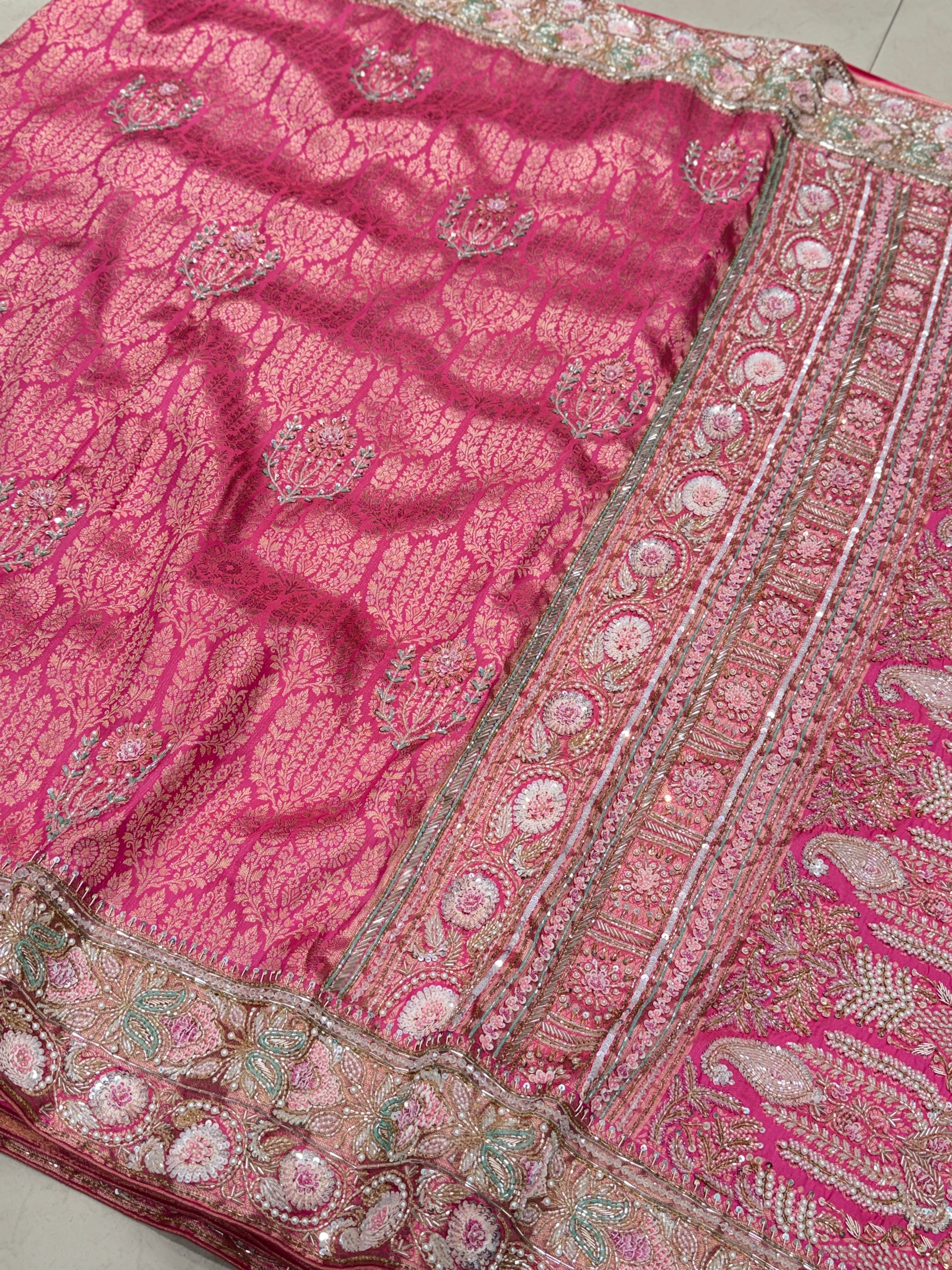 Crimson Pink Kanjivaram Moti Zardosi Hand Embroidery Saree