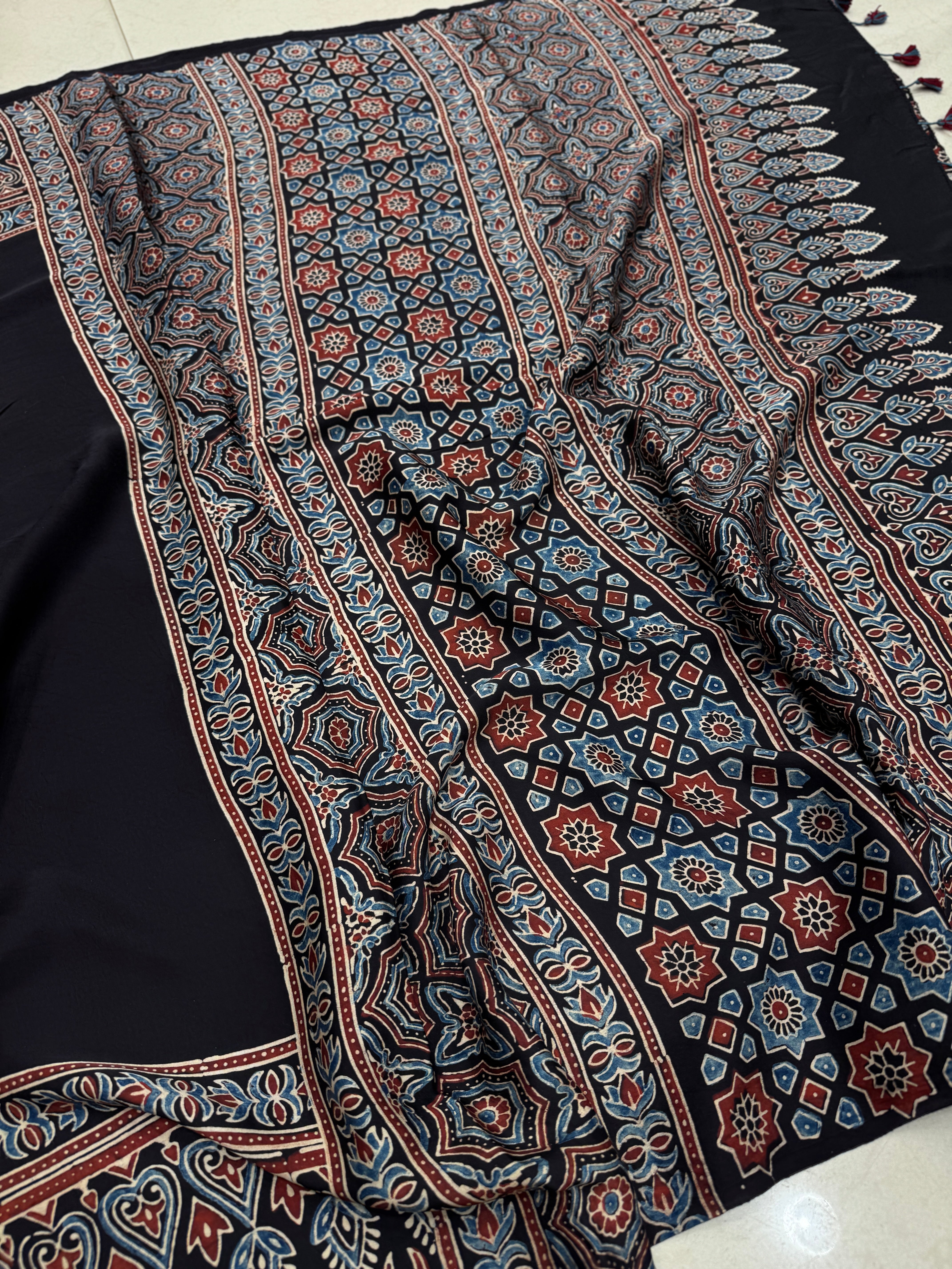 Black Border Contemporary Ajrakh Hand Block Print Pure Gajji Silk Saree