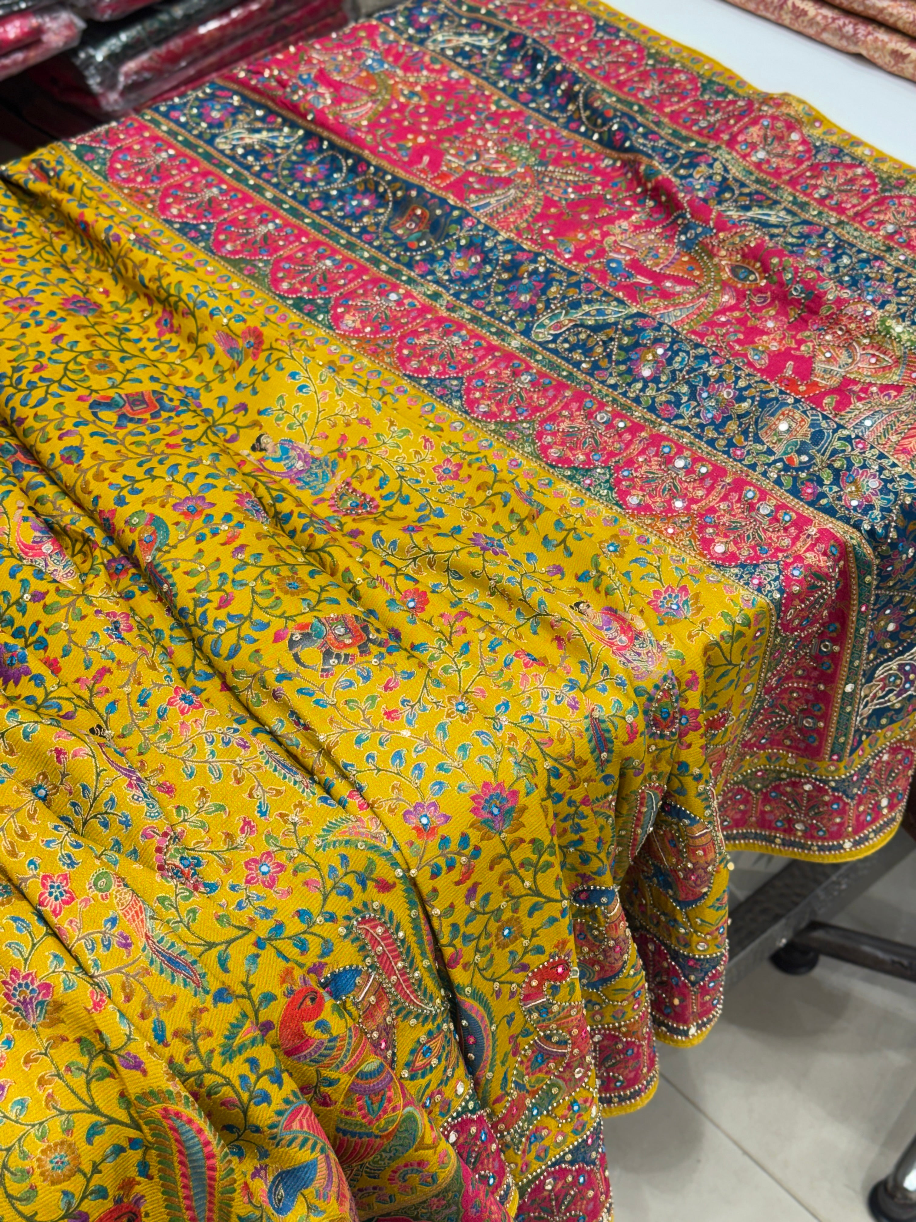 Yellow Pashmina Style Moti Hand Embroidery Saree