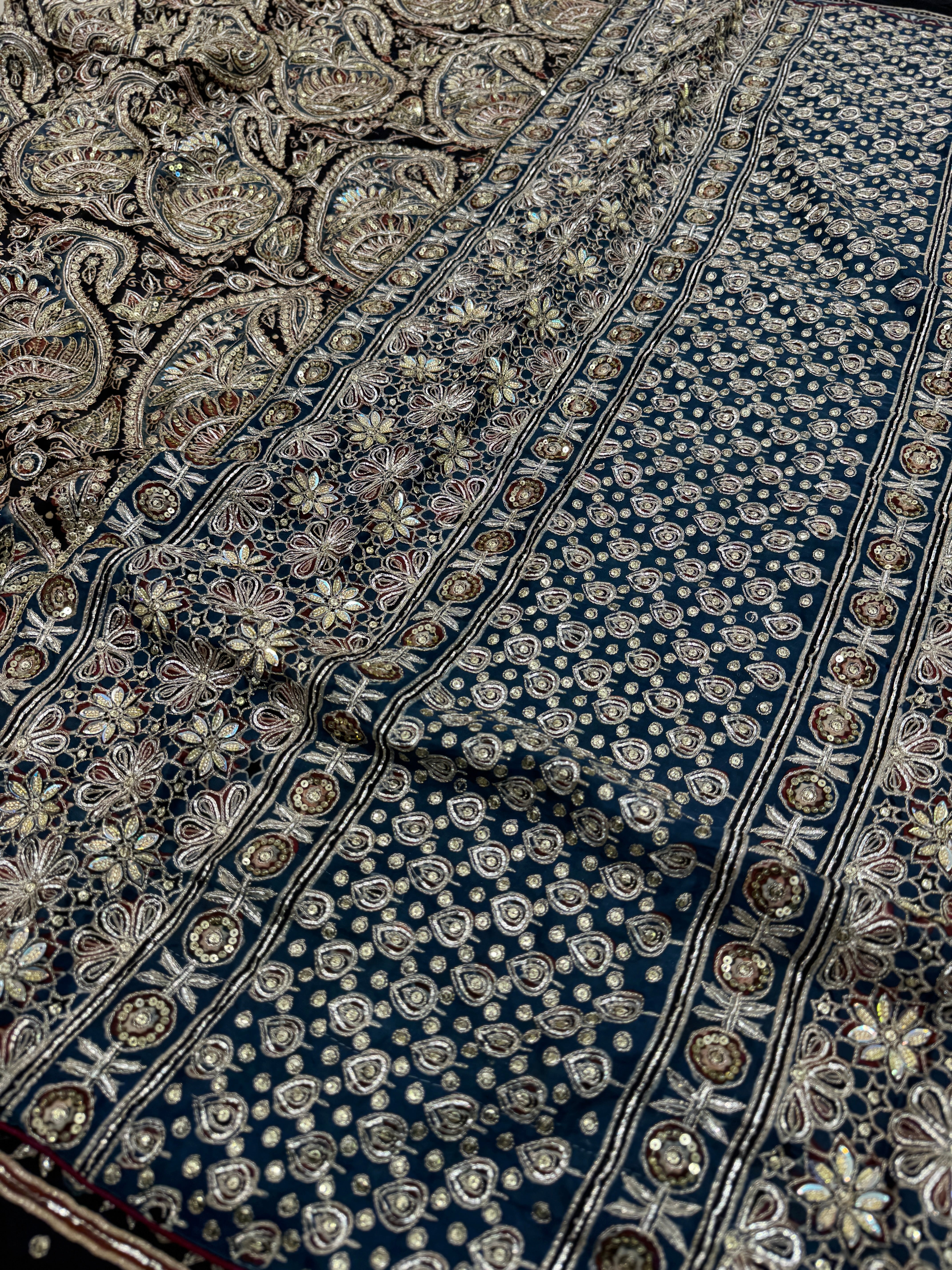 Black Keri Jaal Ajrakh Blue Pallu Hand Embroidery Zardosi and Pita Work