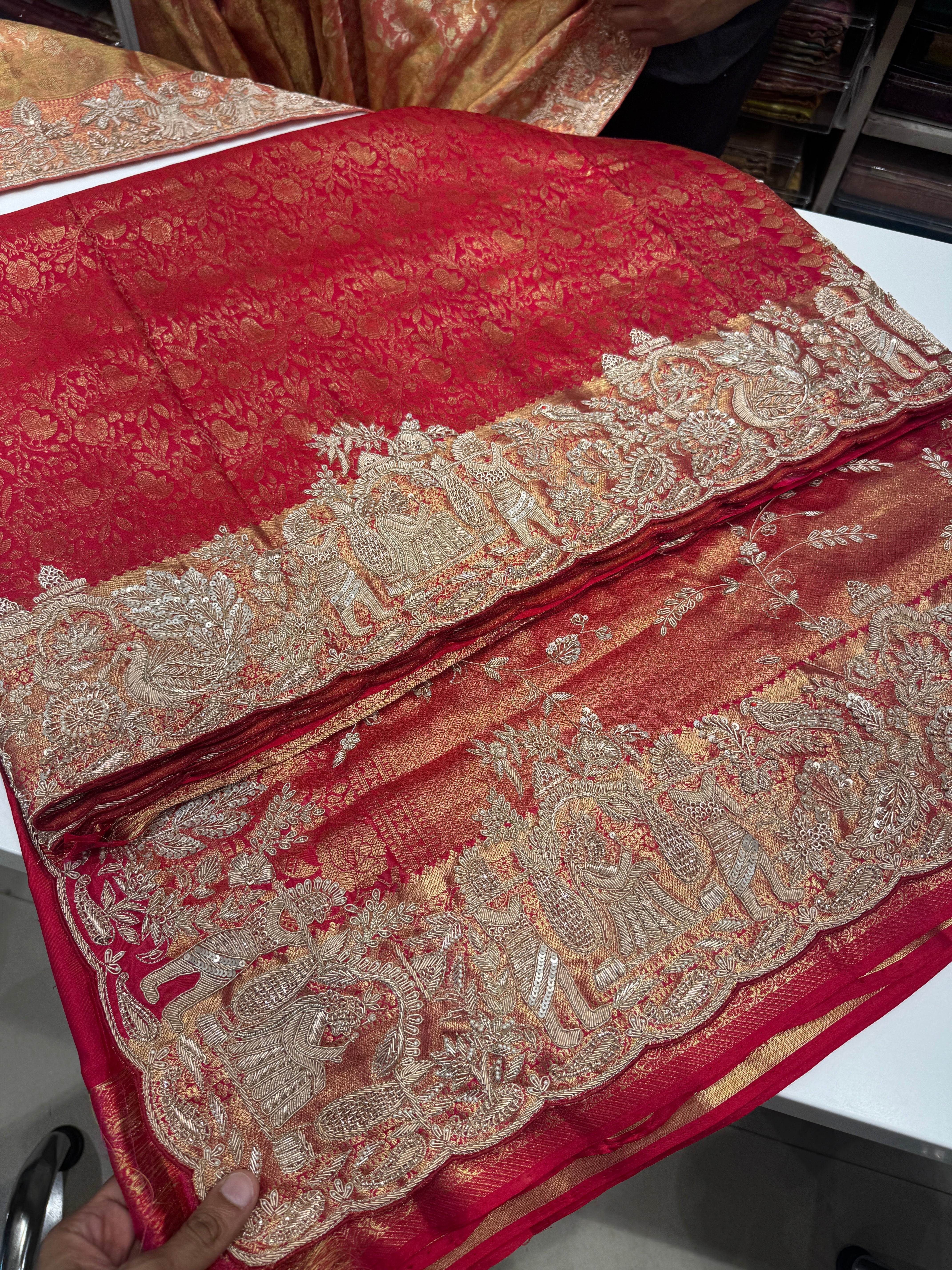 Red Kanjivaram Hand Embroidery Zardosi Doli Edit Saree