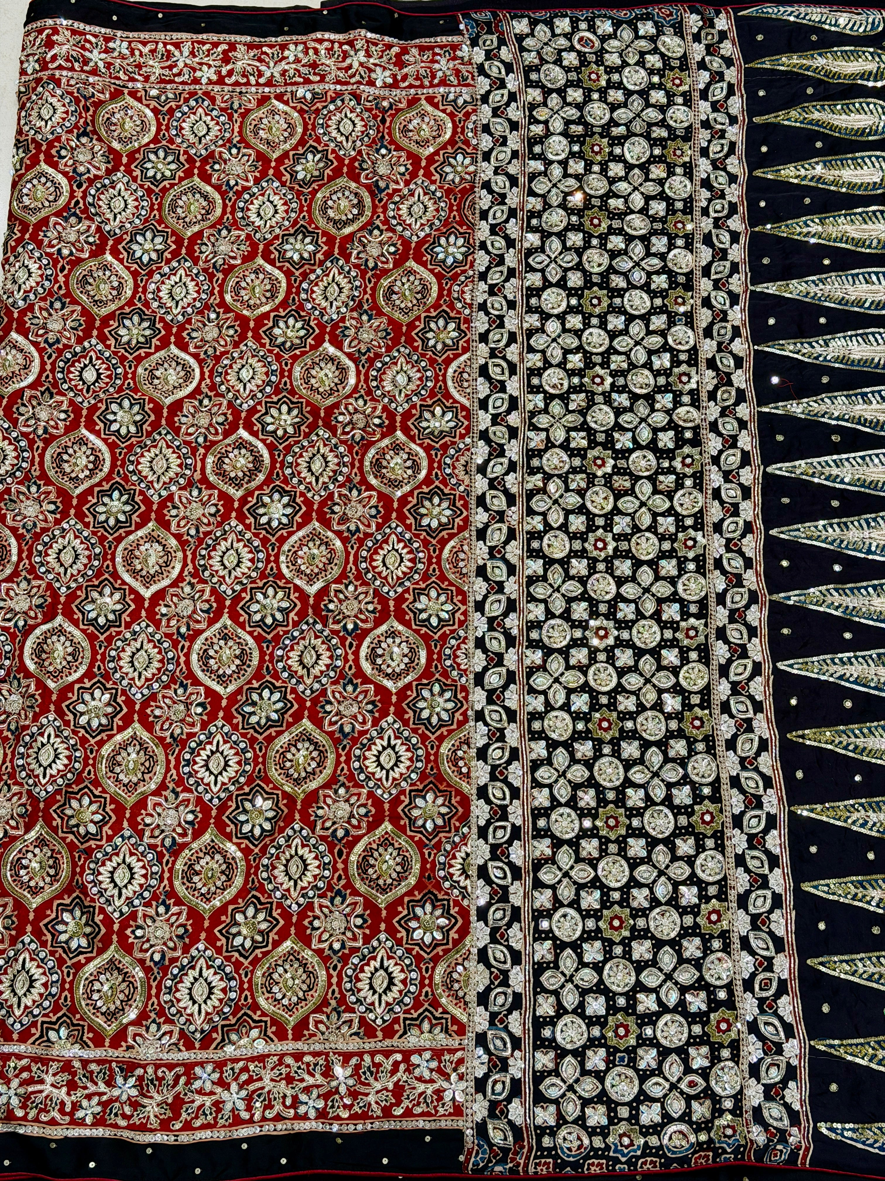 Red Black Badam Jaal French Knot Pita Zardosi Sequin Ajrakh Hand Embroidery Saree