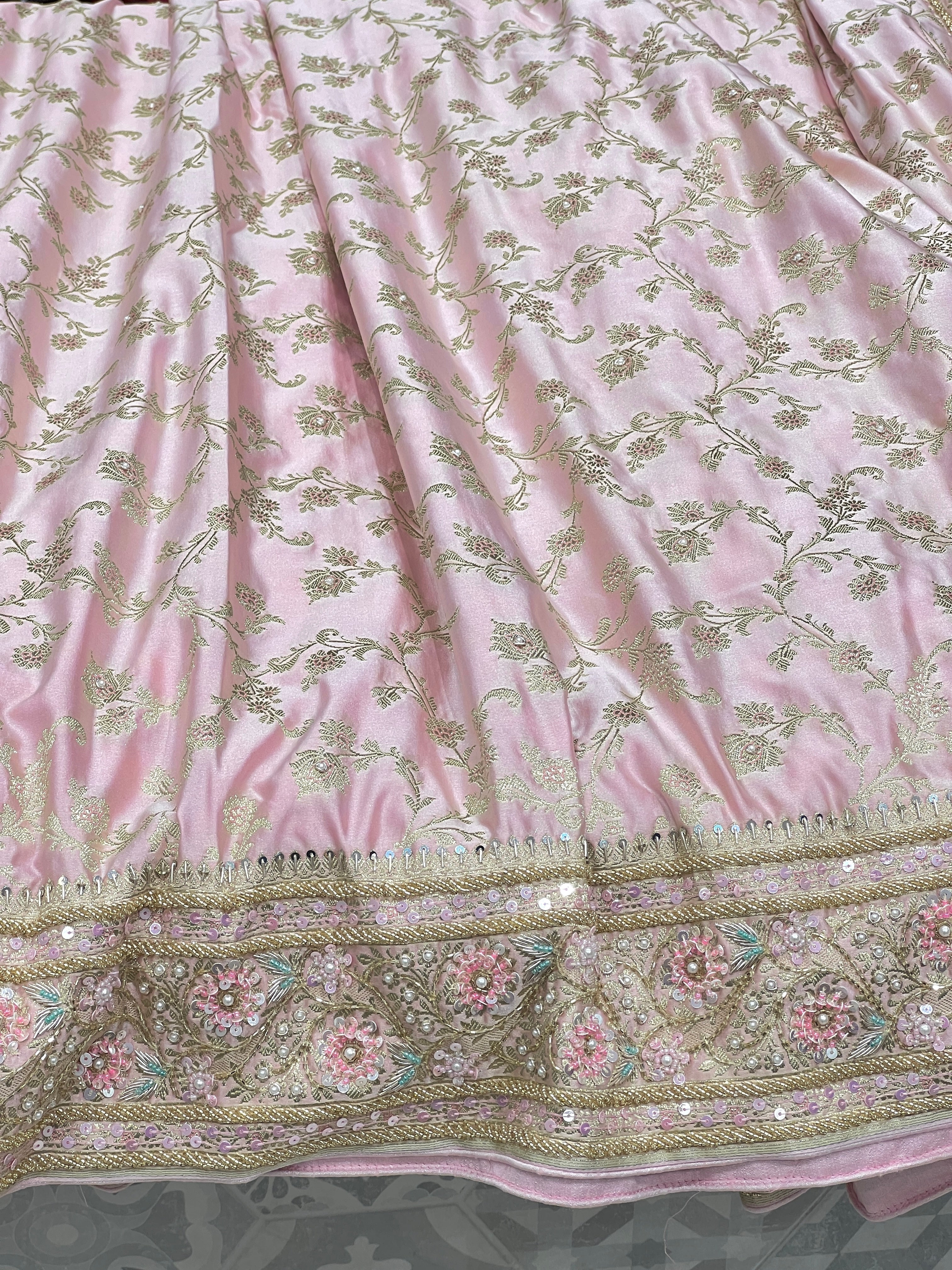 Pink Banarasi Upside Down Border Fancy Hand Embroidery Saree