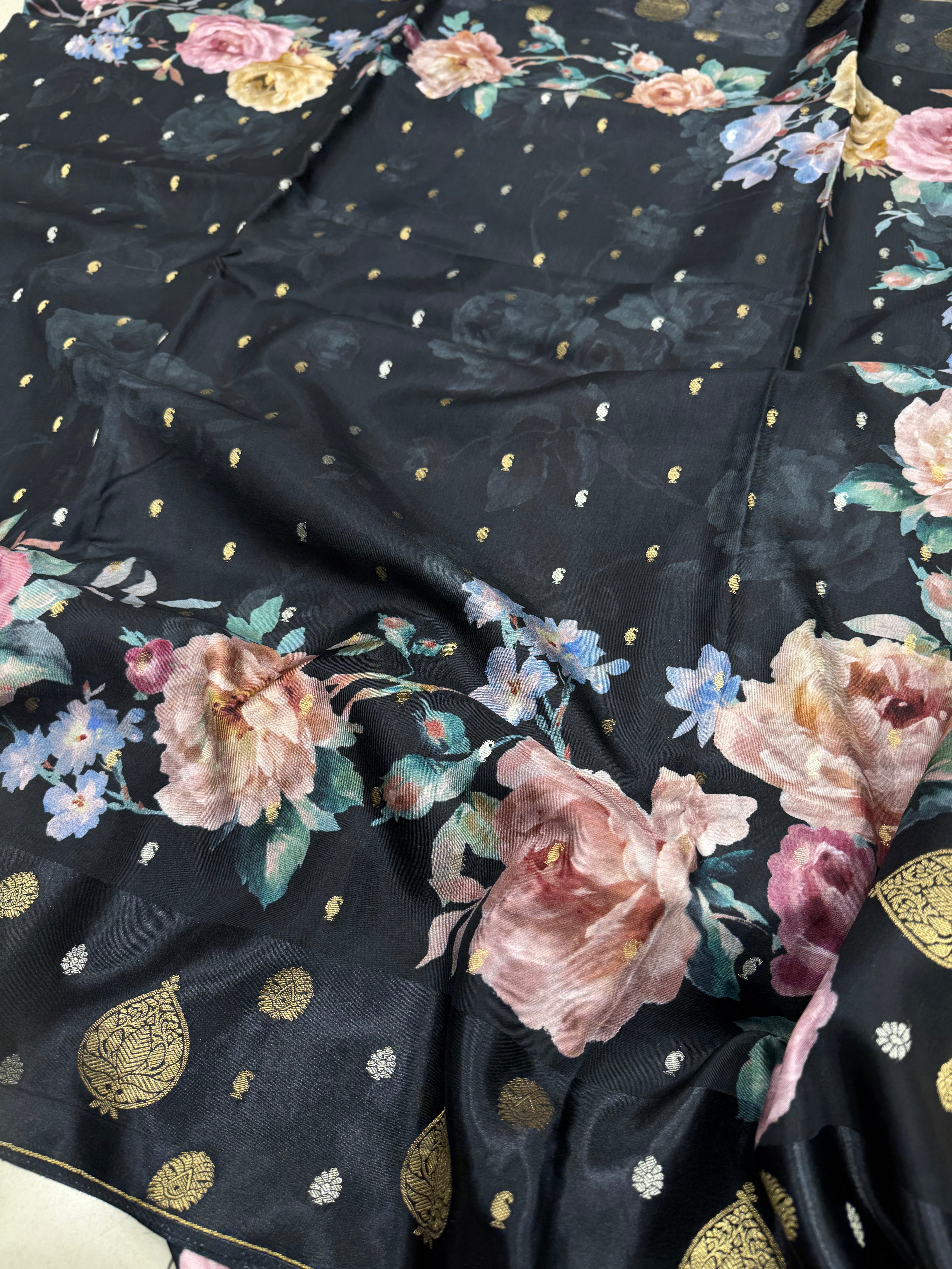 Black Printed Silk Satin Border Saree