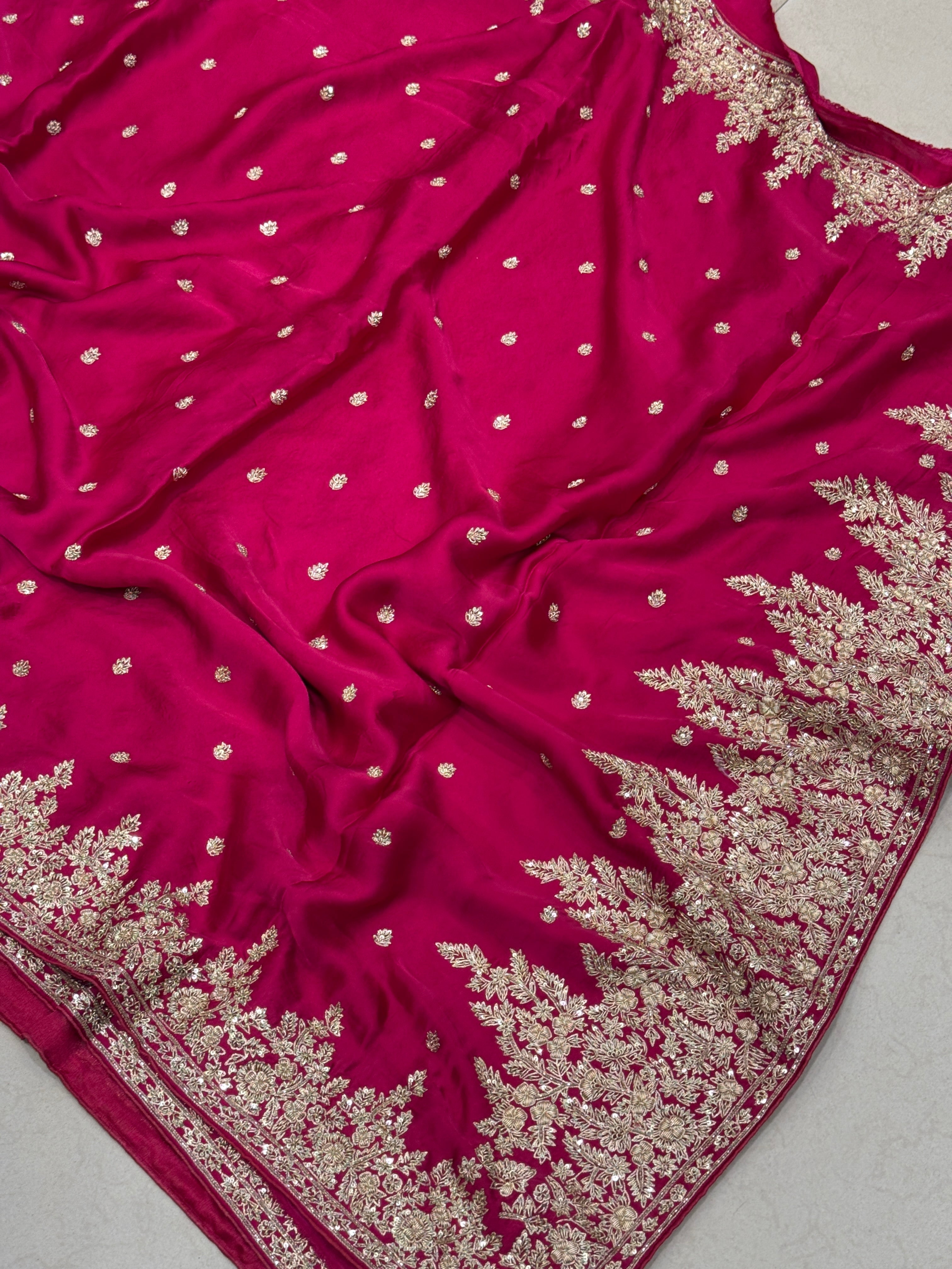 Rani Pink Small Buttis Satin Hand Embroidery Zardosi Saree
