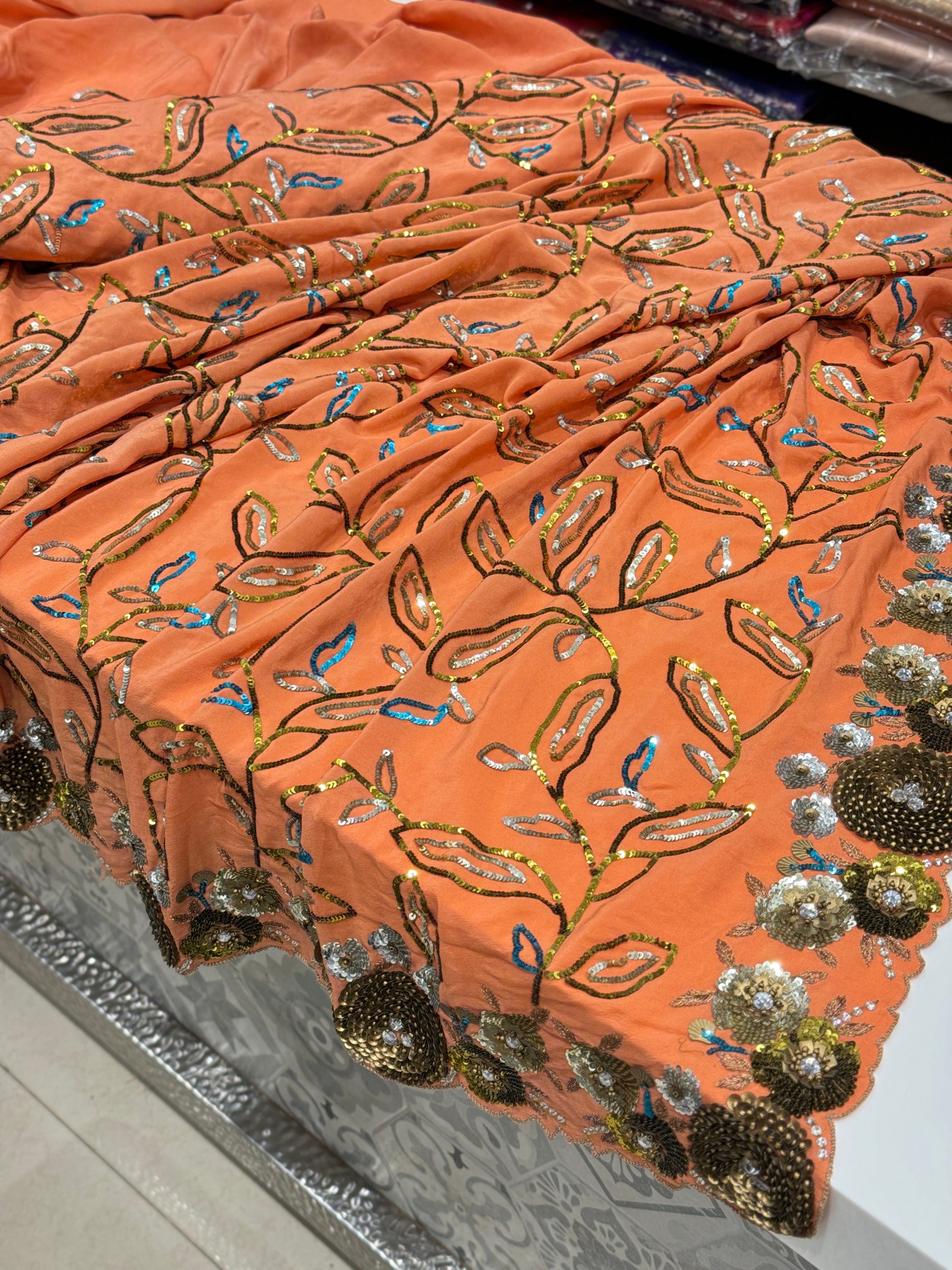 Orange Pure Crepe Hand Embroidery Saree