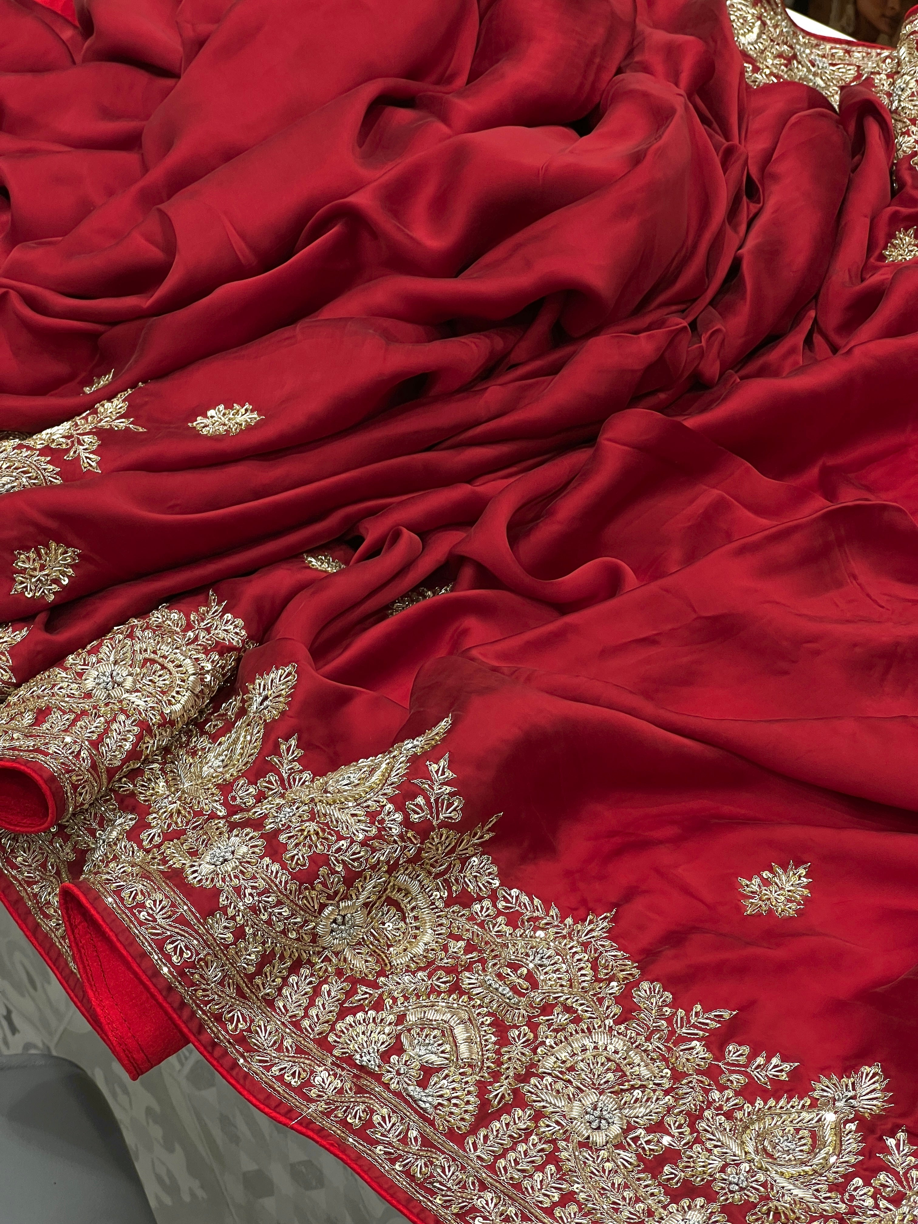 Red Satin Zardosi Hand Embroidery Saree