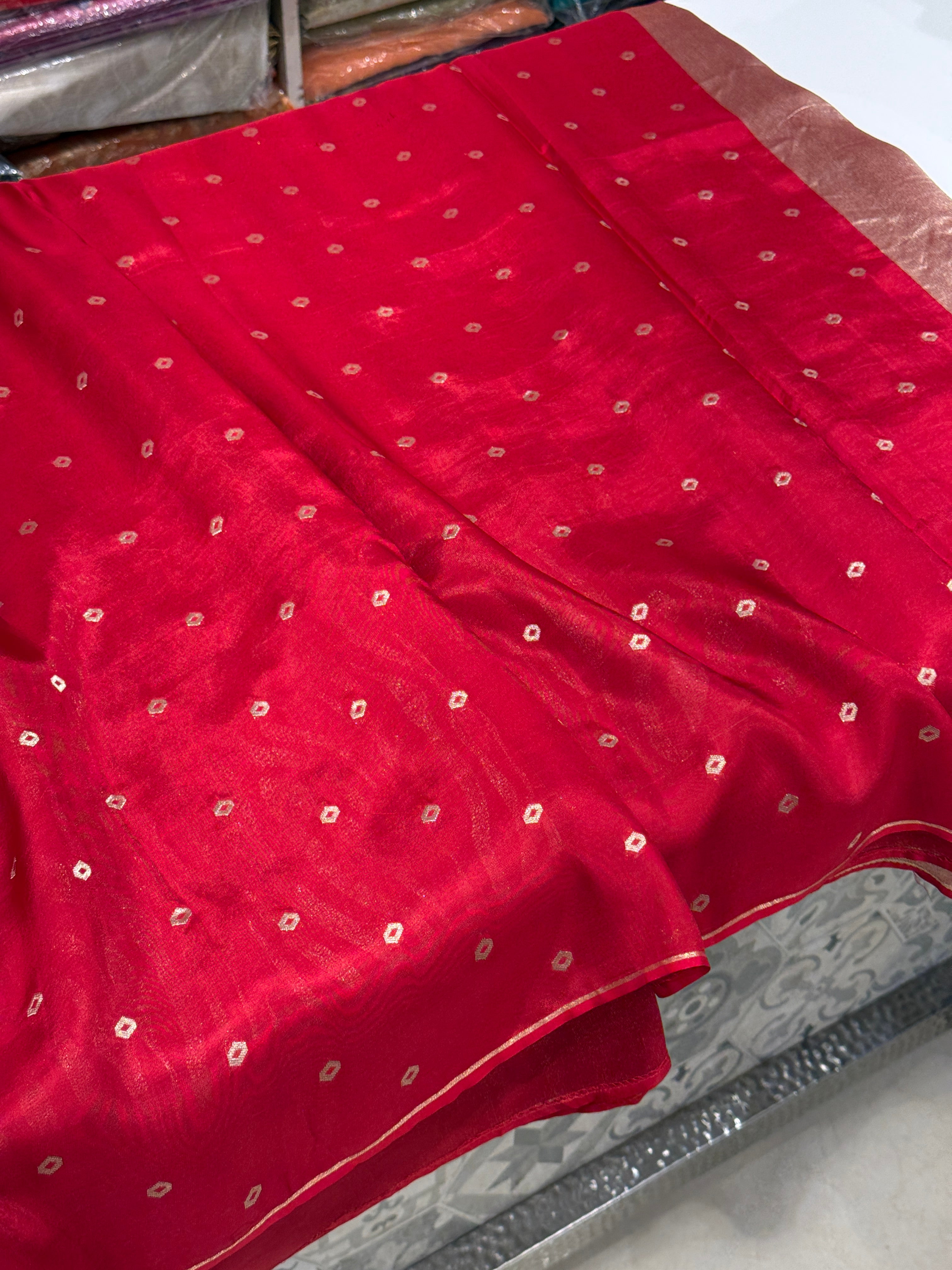Red Munga Tissue Silk Contemporary Tiger Weave Banarasi Saree