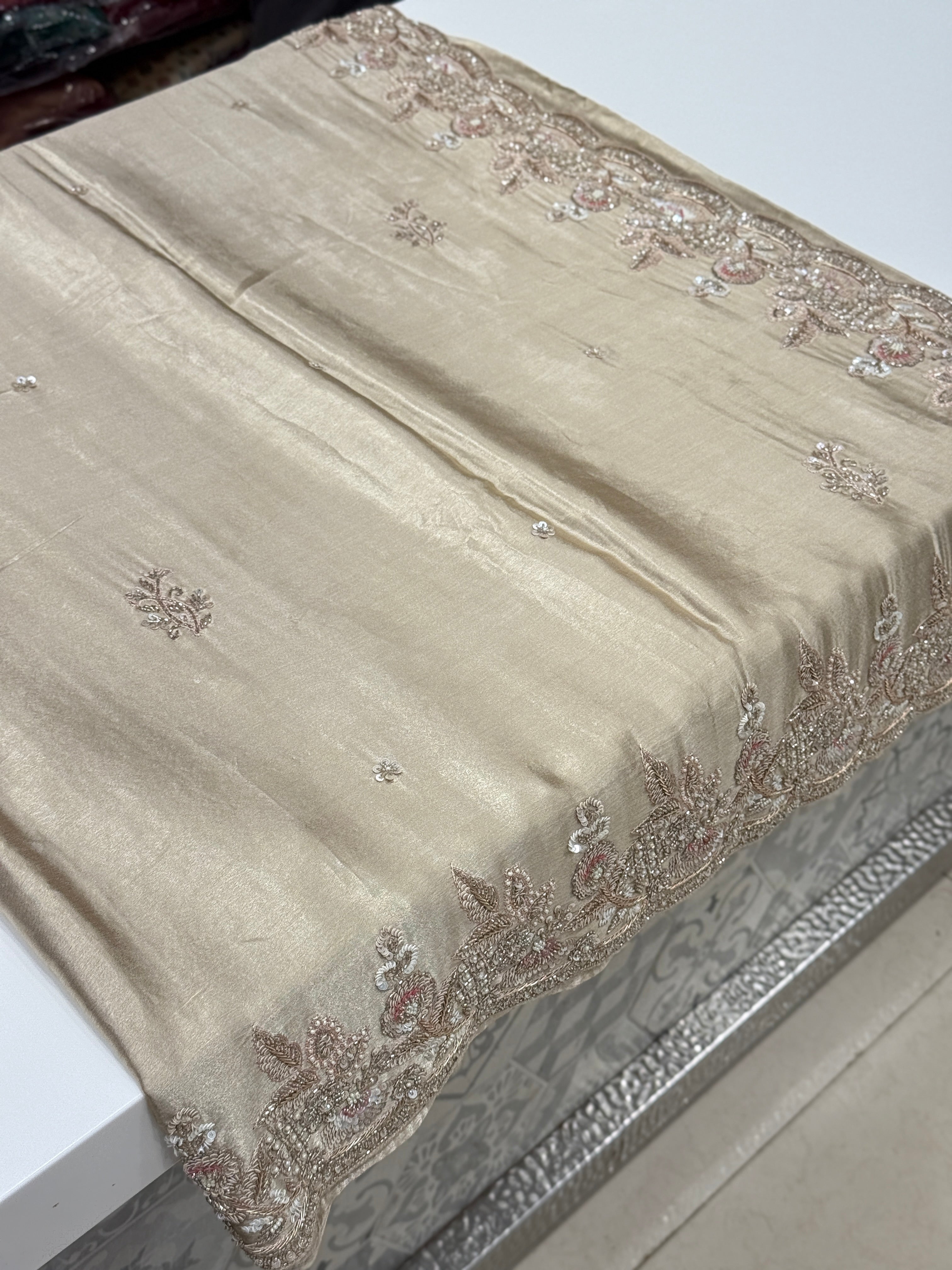 Champagne Satin Hand Embroidery Zardosi Saree