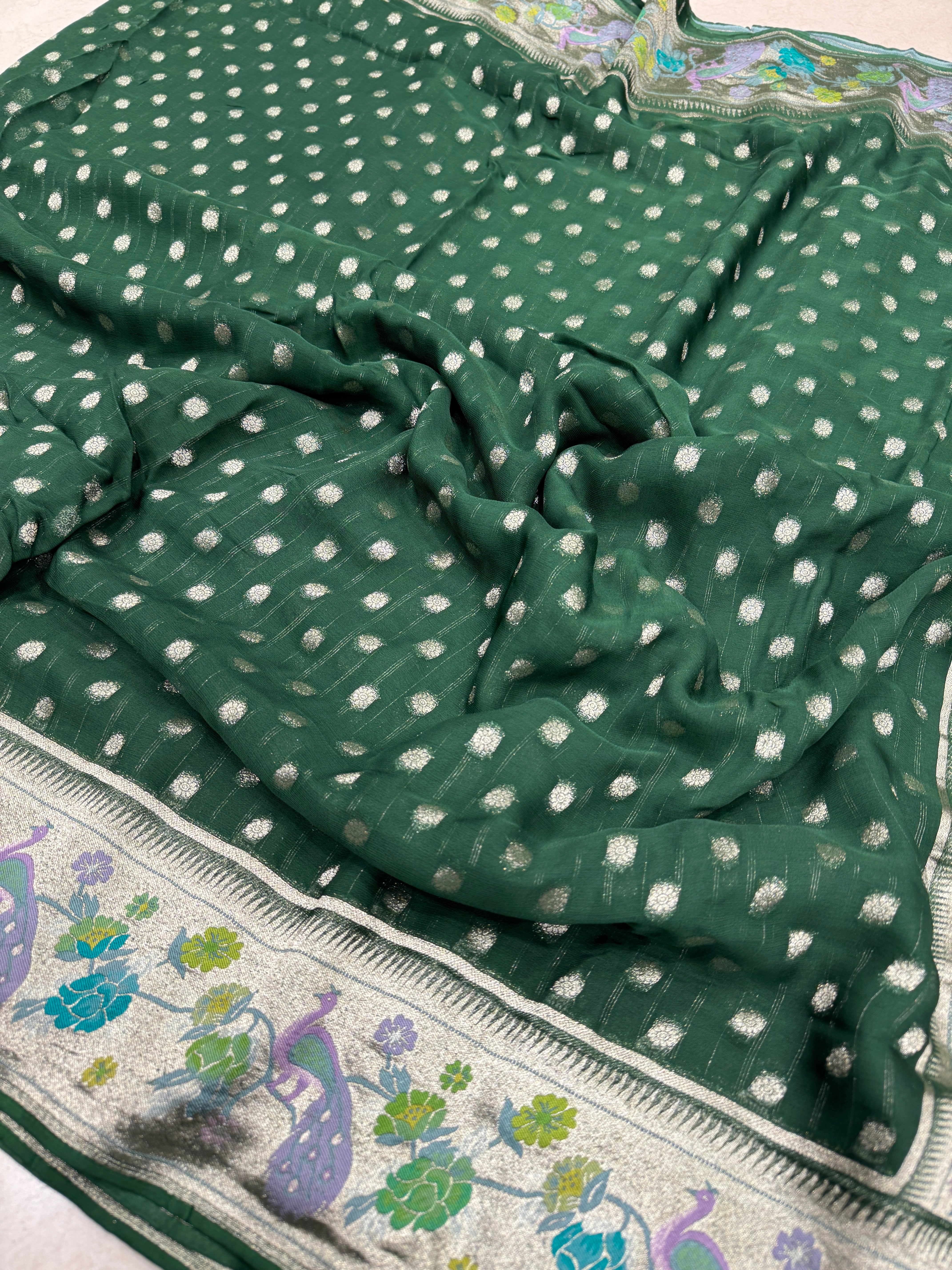 Bottle Green Georgette Paithani Saree