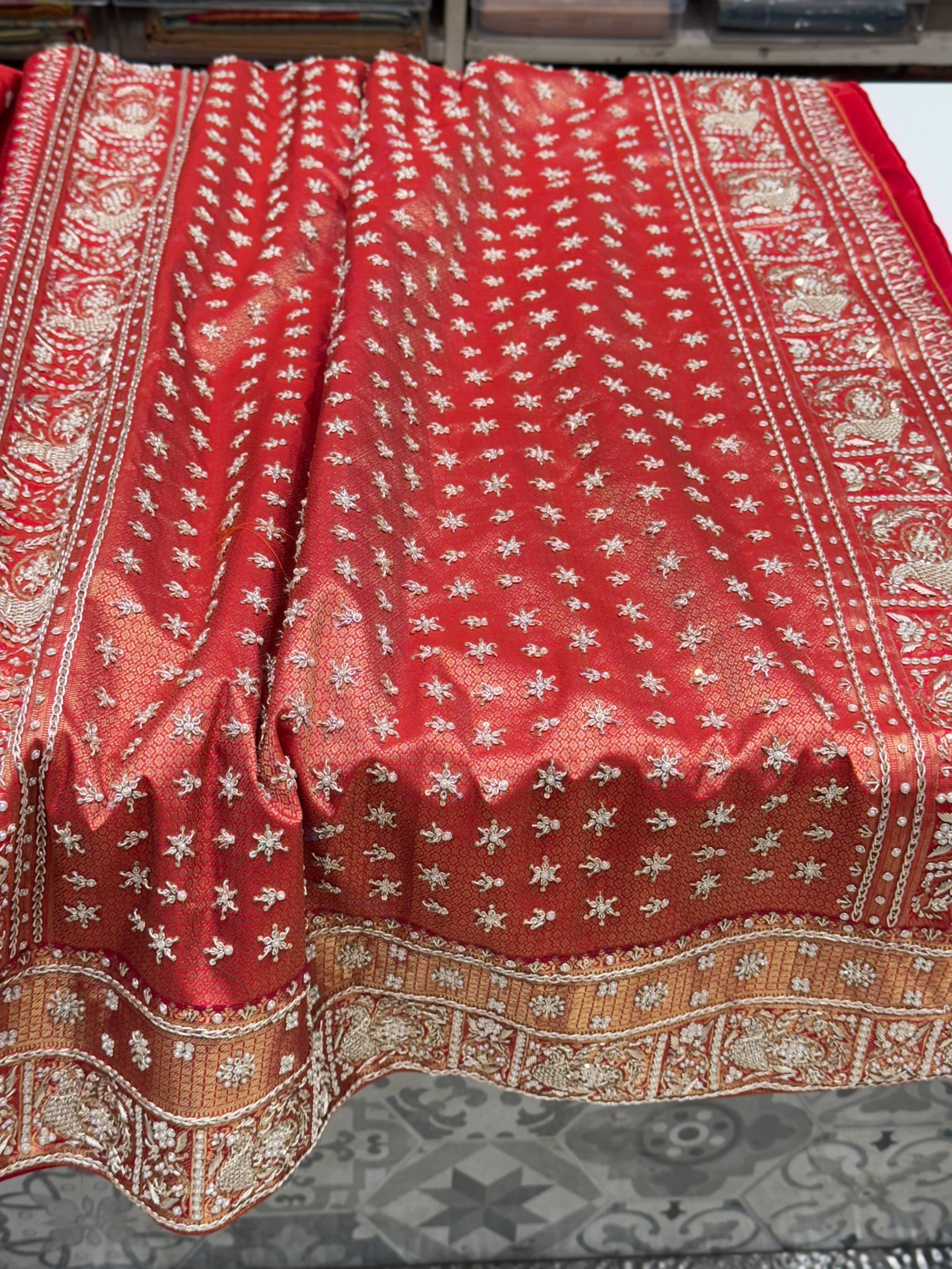 Red Kanjivaram Peacock Motif Zardozi Hand Embroidery Saree