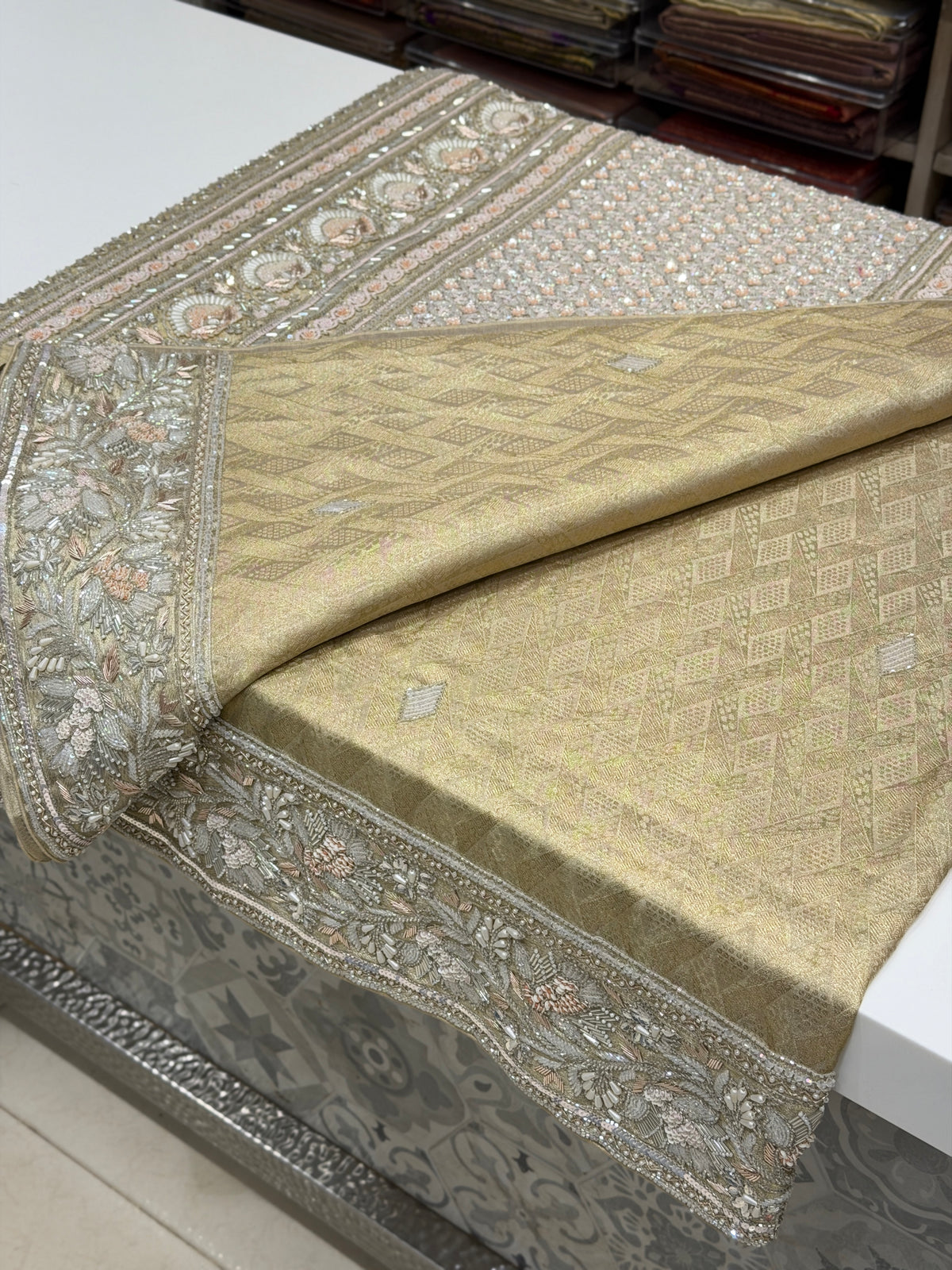Silver Kanjivaram Heavy Blouse Three Zari Hand Embroidery Zardosi Moti Sequin Saree