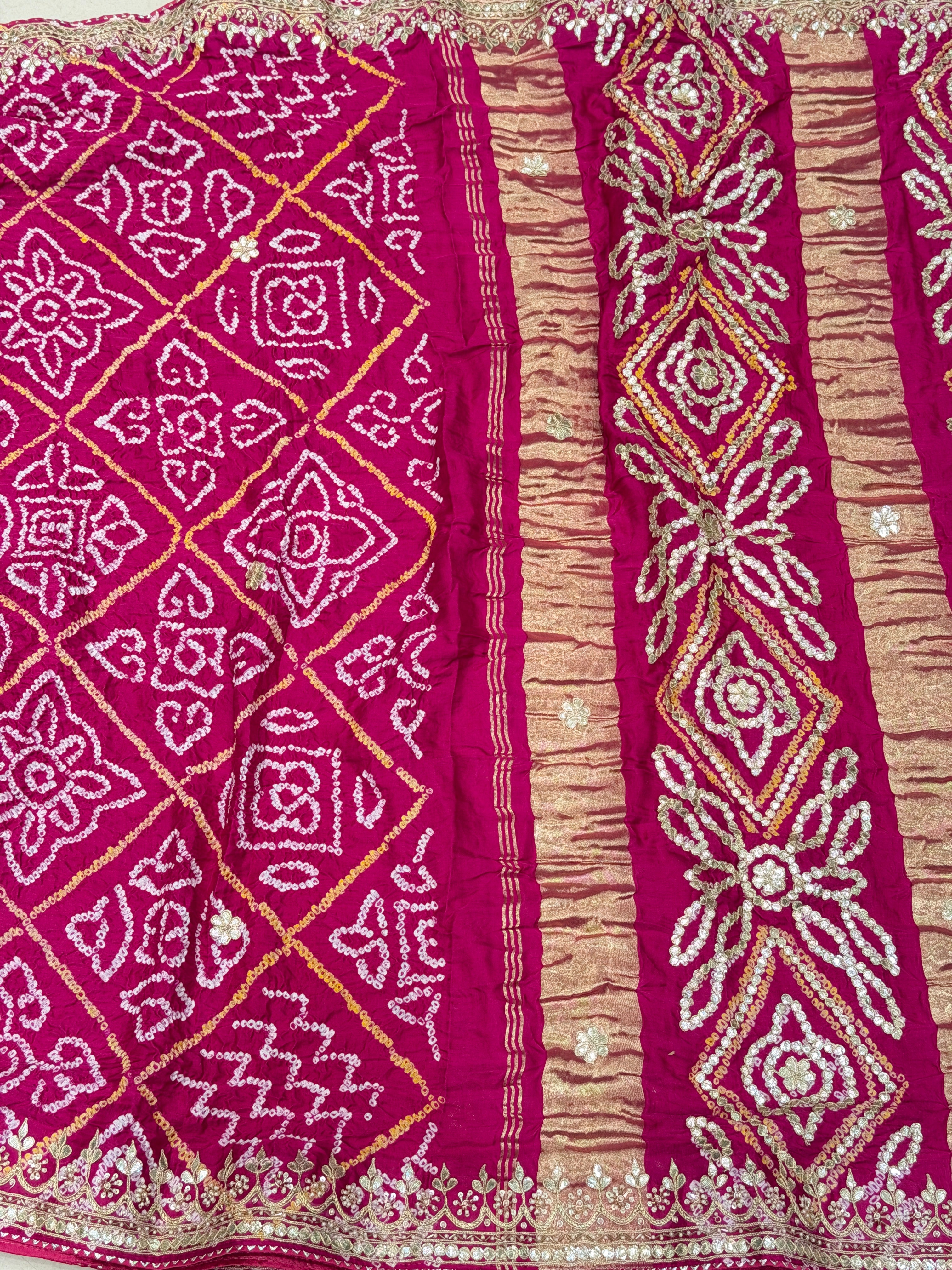 Rani Pink Gajji Silk Bandhej Gotapatti Hand Embroidery Saree