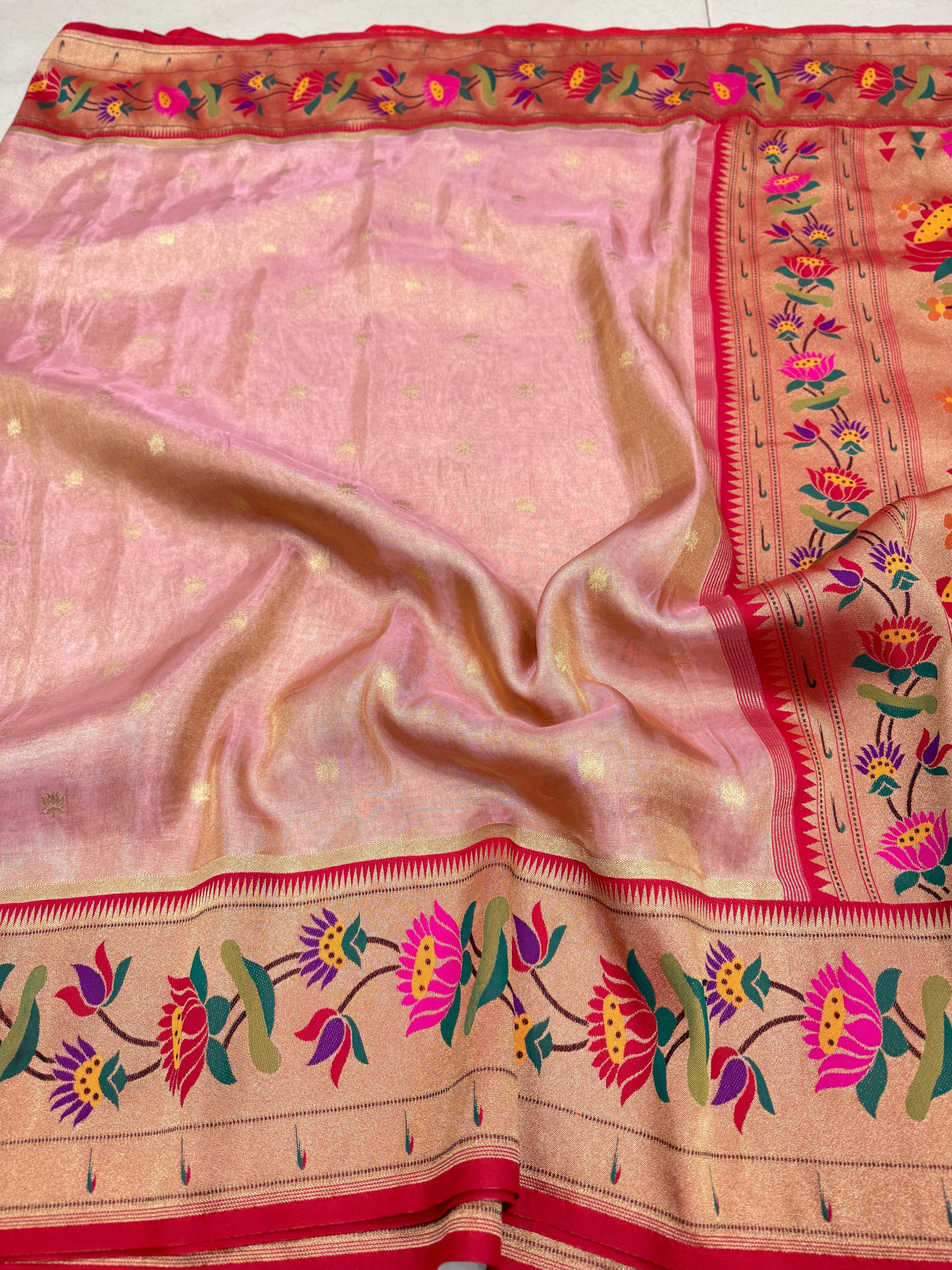 Pink Tissue Paithani Lotus Border Saree