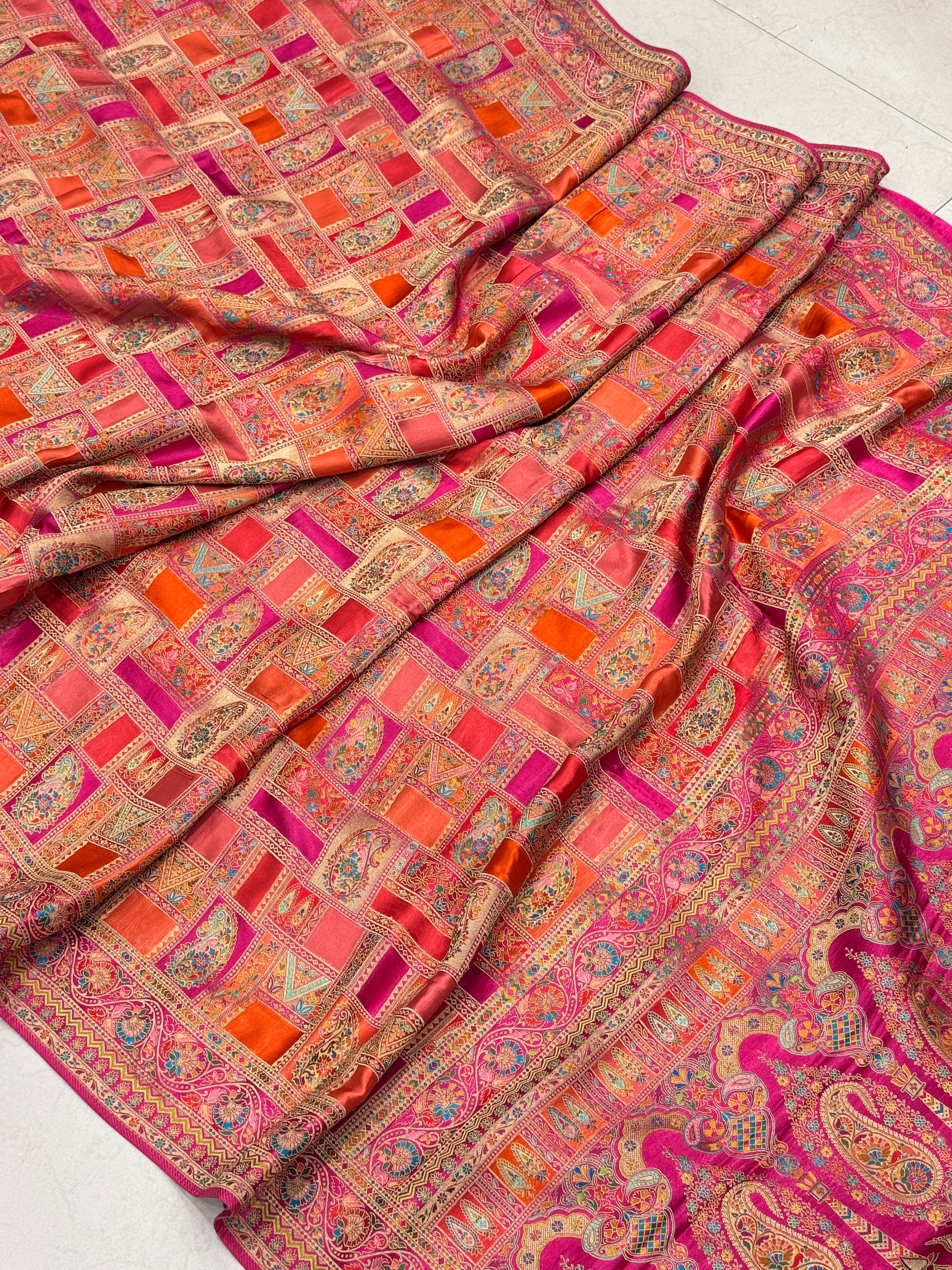 Orange Rani Banarasi Modal Rangkat Satin Checkered Silk Saree