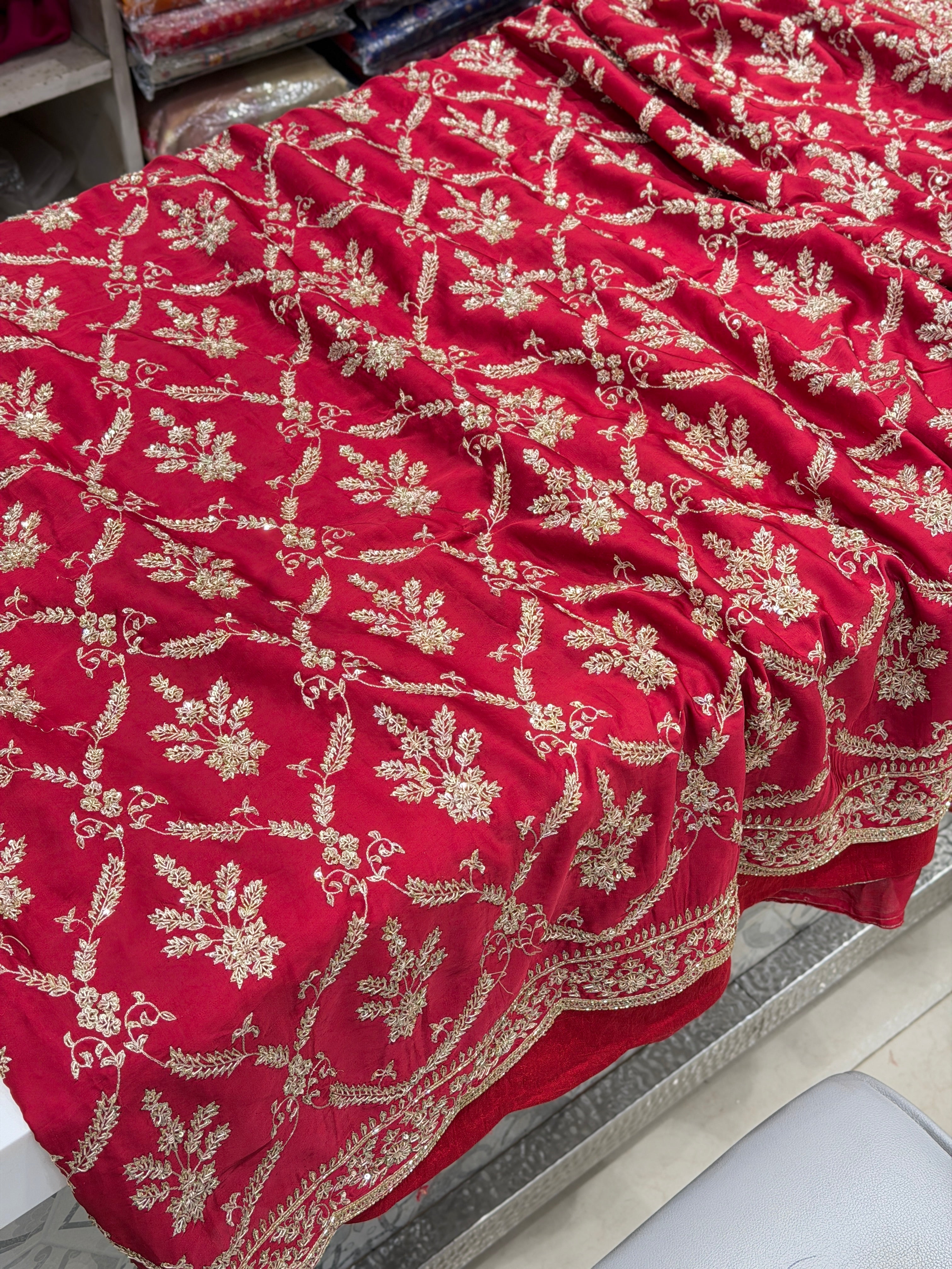 Red Pure Satin Silk Crown Jaal Zardosi Hand Embroidery Jaal Saree