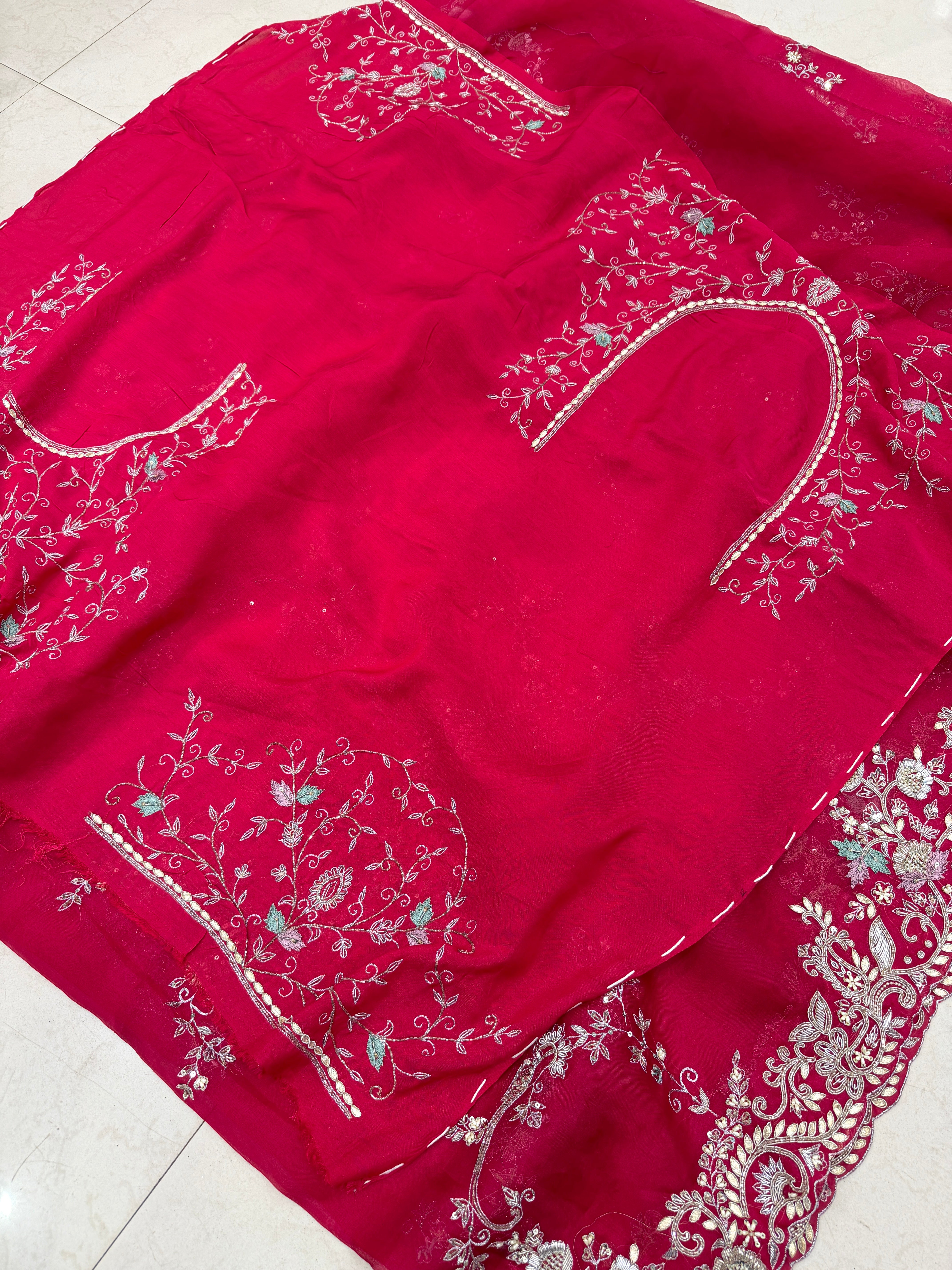 Rani Pink Organza Open Border Zardosi Hand Embroidery Saree