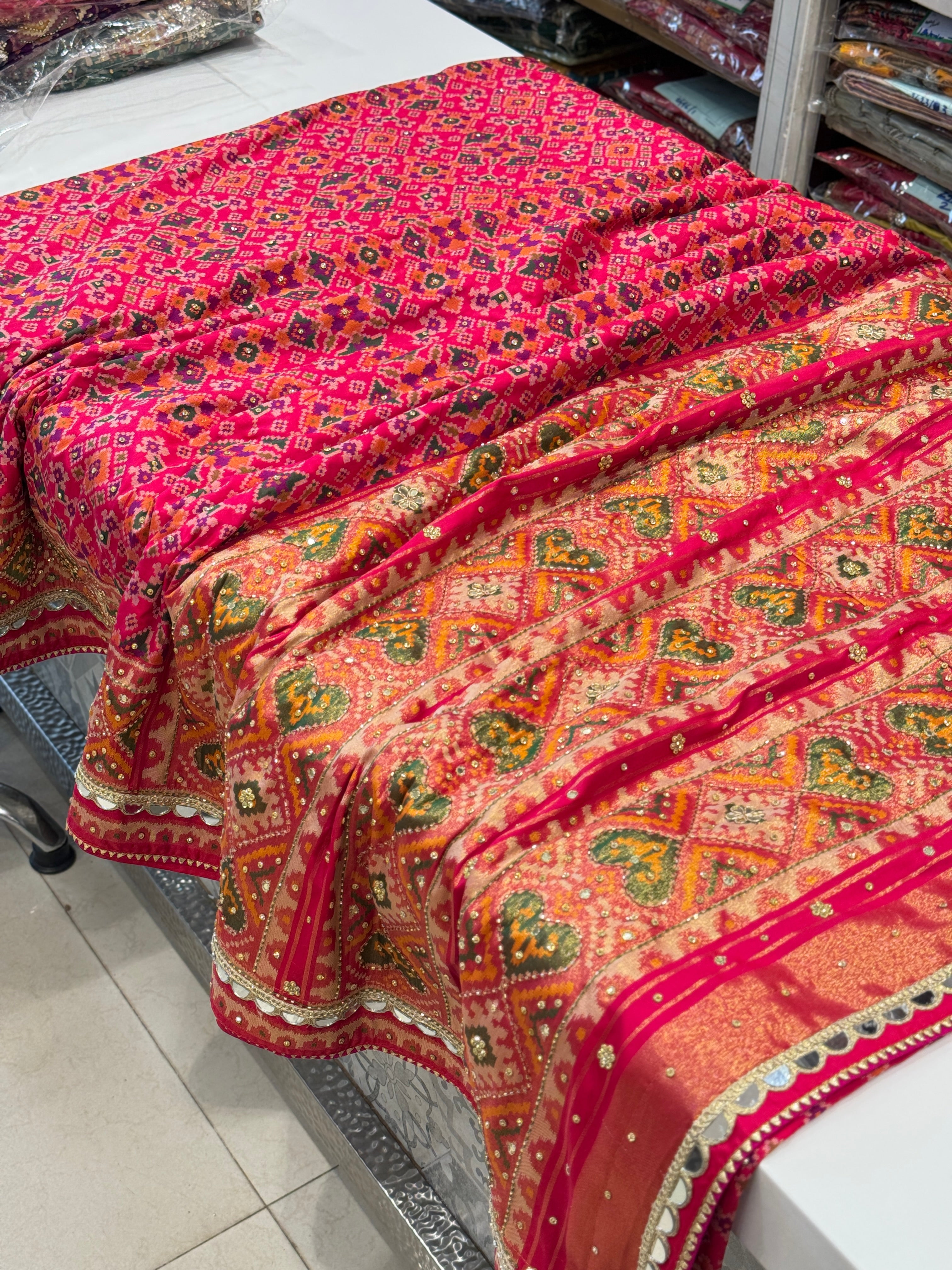 Rani Pink Patola Hand Embroidery Saree with Real Mirrors