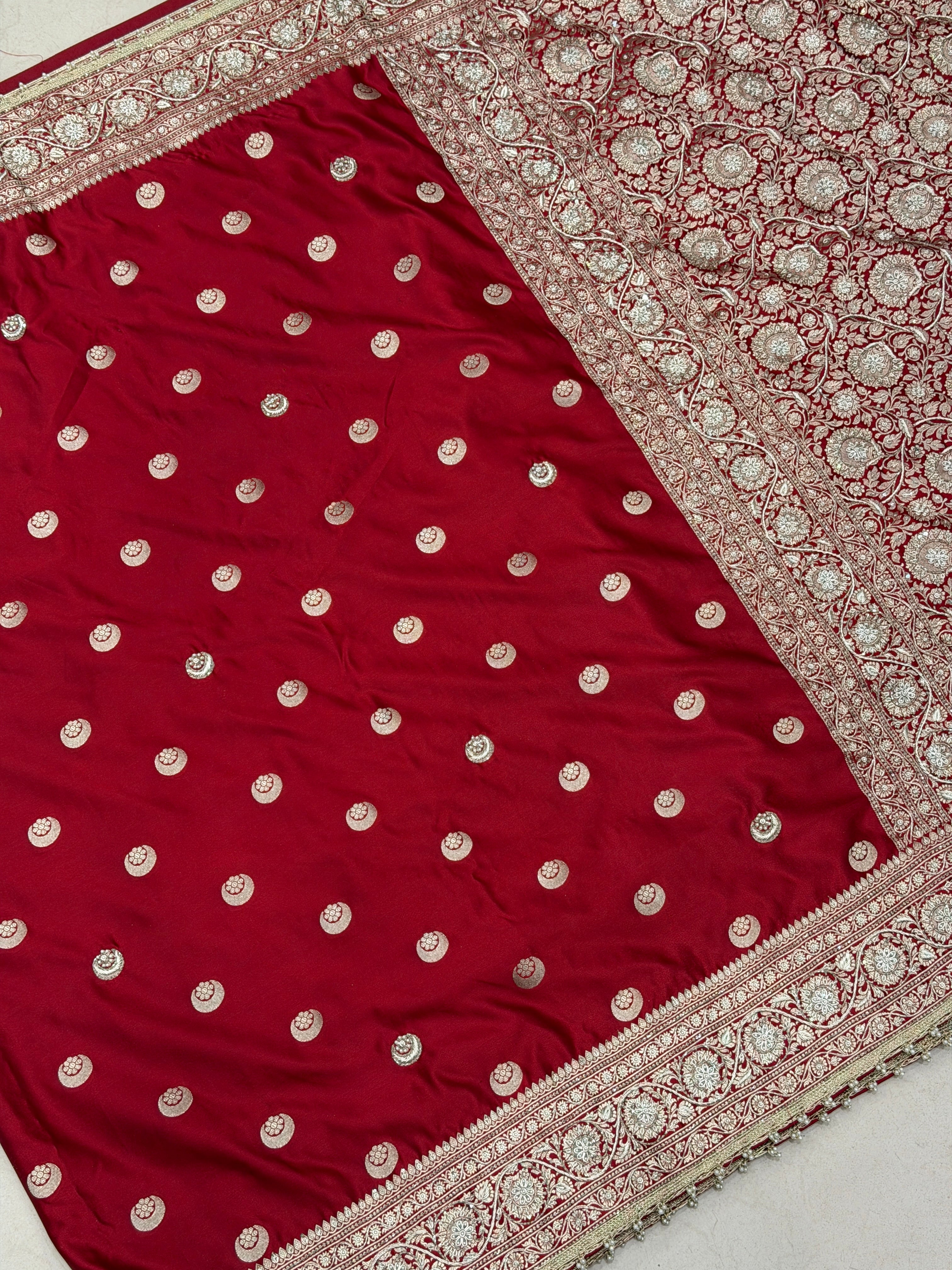 Maroon Banarasi Chand Butti Zardosi Hand Embroidery Saree
